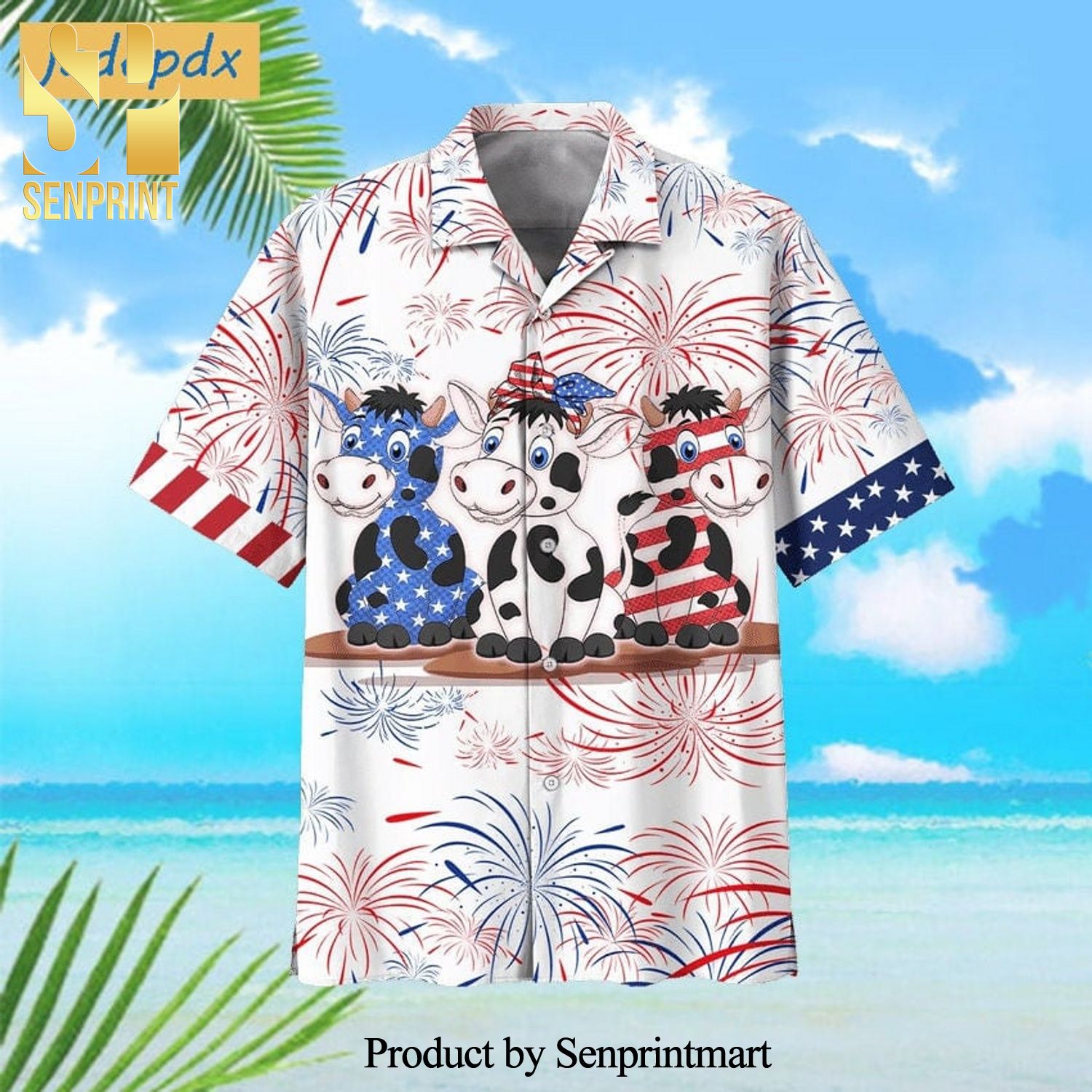Cute American Cows Firework All Over Print Hawaiian Shirt