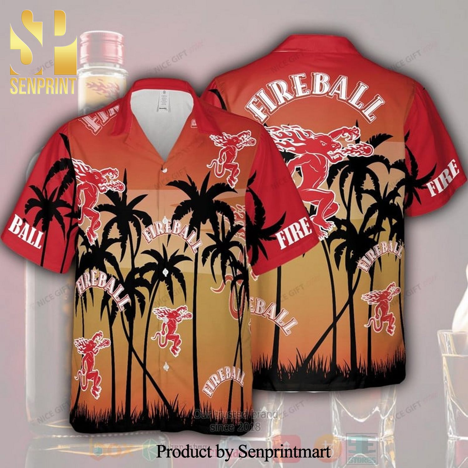 Fireball Whisky Palm Tree New Fashion Full Printed Hawaiian Shirt