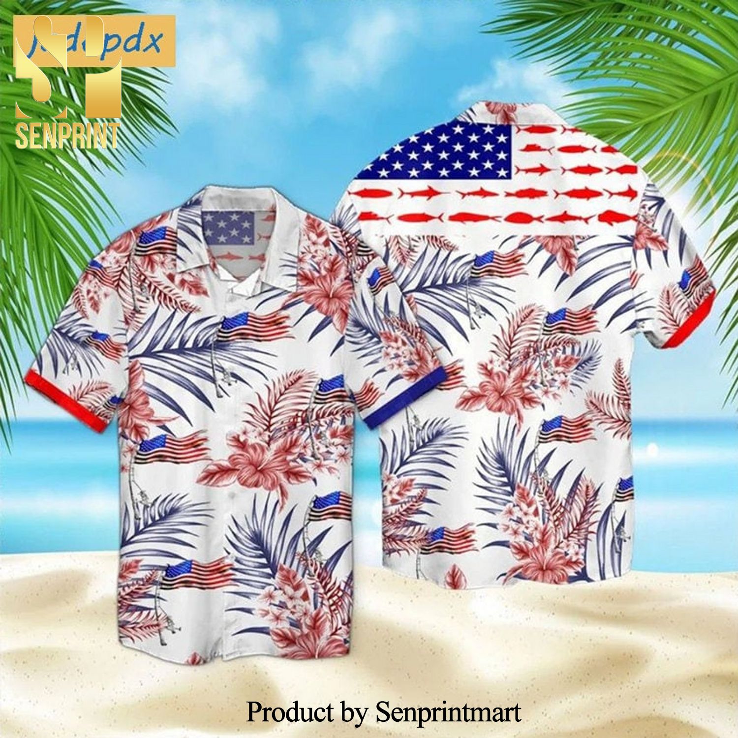 Fishing American Flag Tropical Hibiscus Flower And Leaves New Outfit Full Printed Hawaiian Shirt
