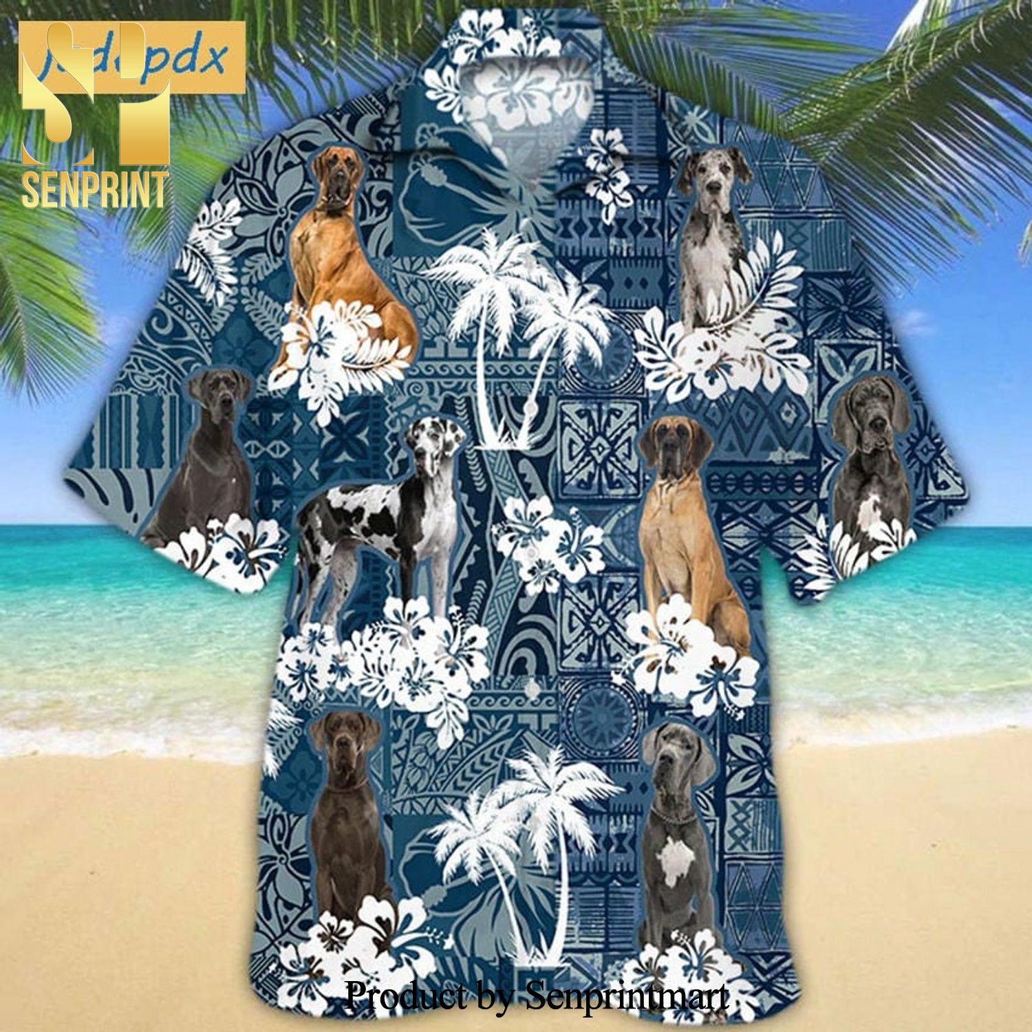 Great Dane Blue Tropical Hibiscus And Palm Summer Set Hawaiian Shirt