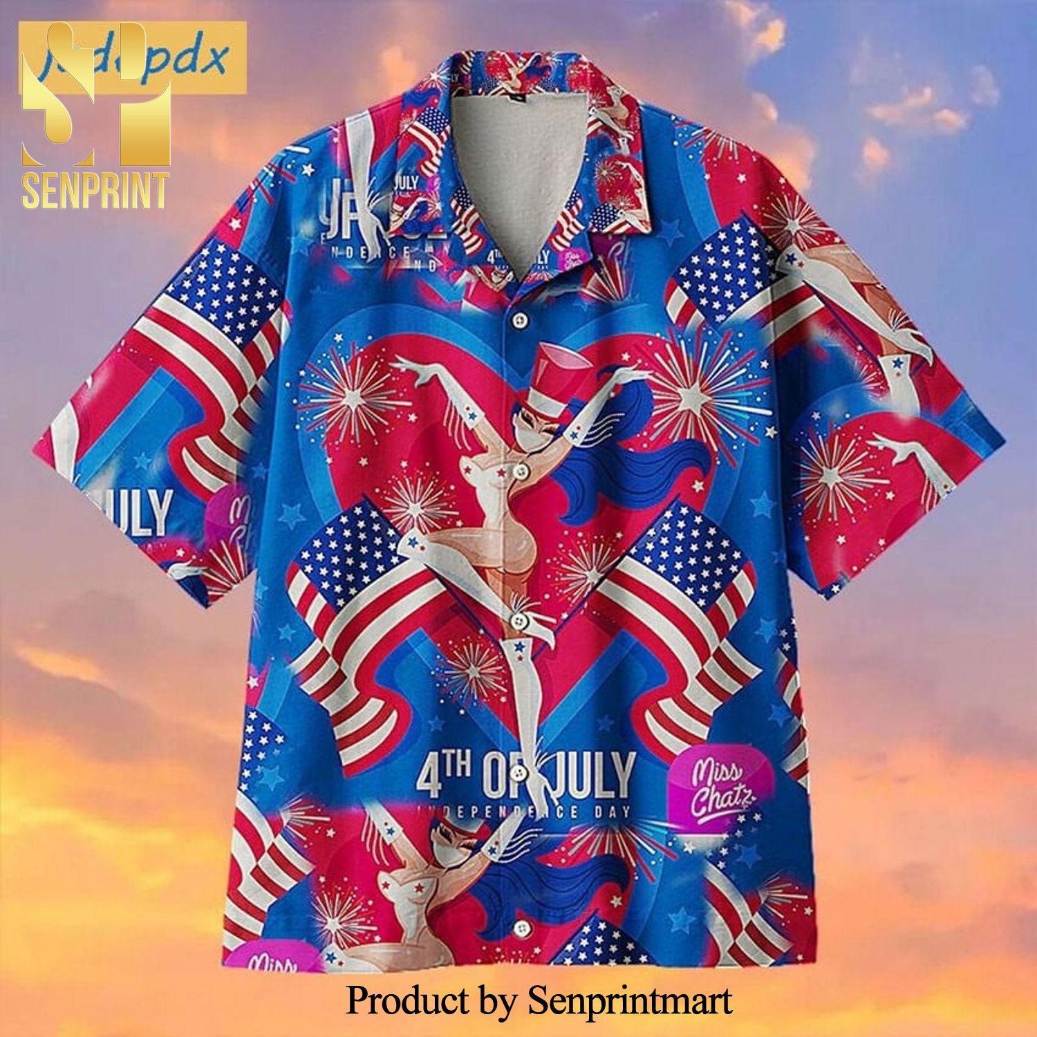 Miss Chatz American Flag Firework 4th of July Full Print Hawaiian Shirt