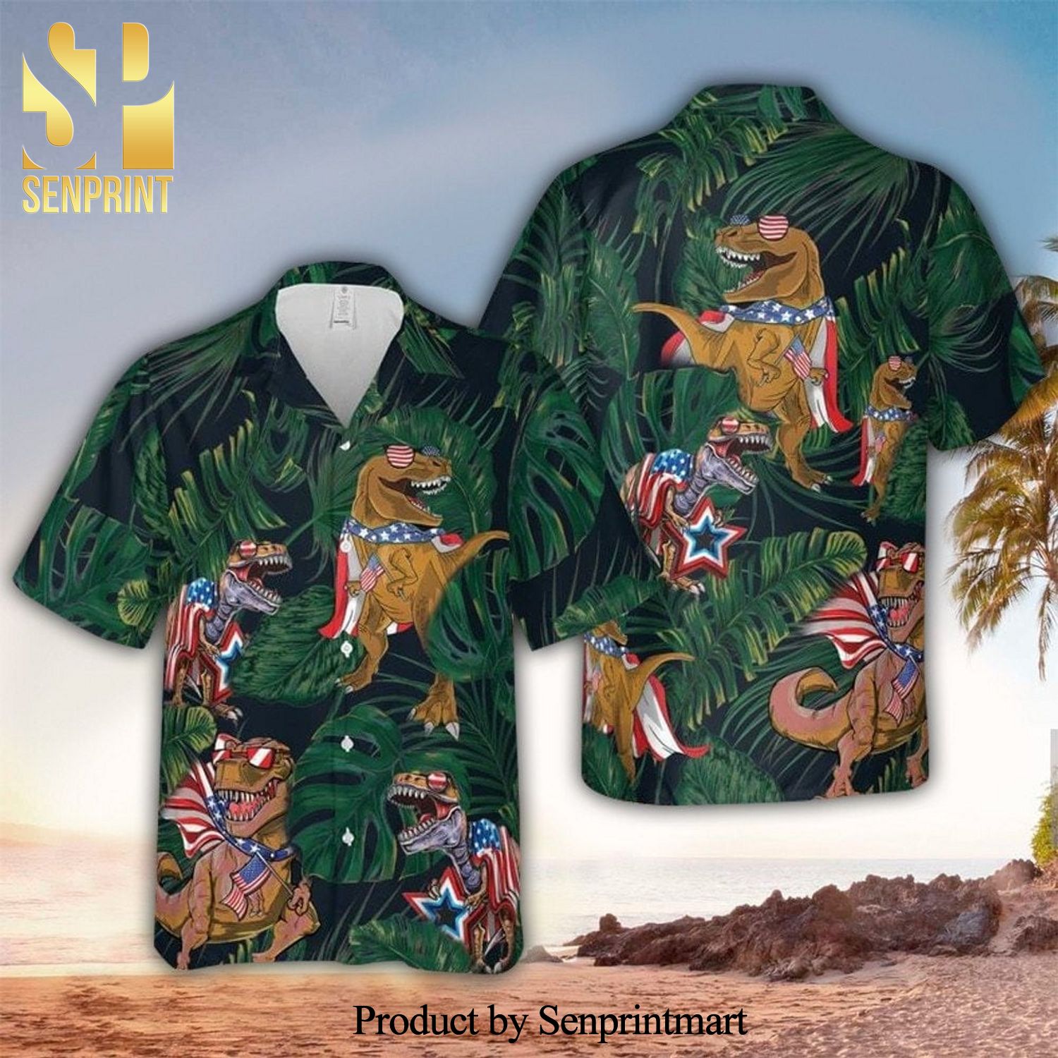 Patriotic Dinosaur Tropical Holiday Time Hawaiian Shirt