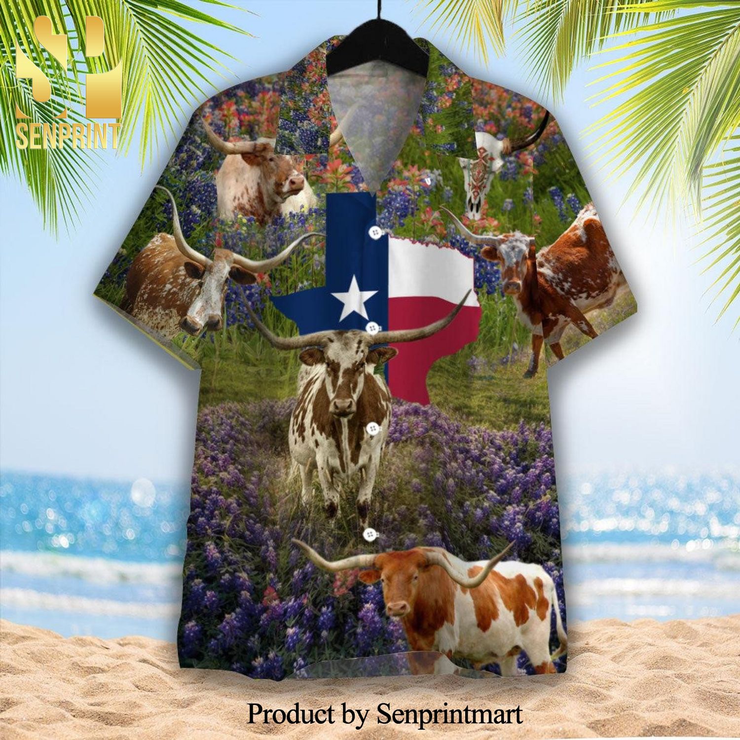 Texas Cow In Bluebonnet Field Best Combo Full Printing Hawaiian Shirt