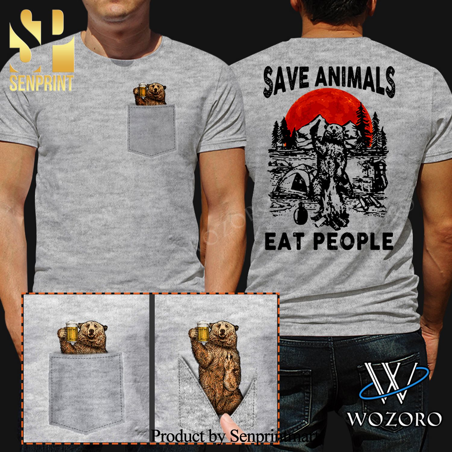 Bear Middle Finger Save Animals Eat People Camping Pocket 3D All Over Print Shirt