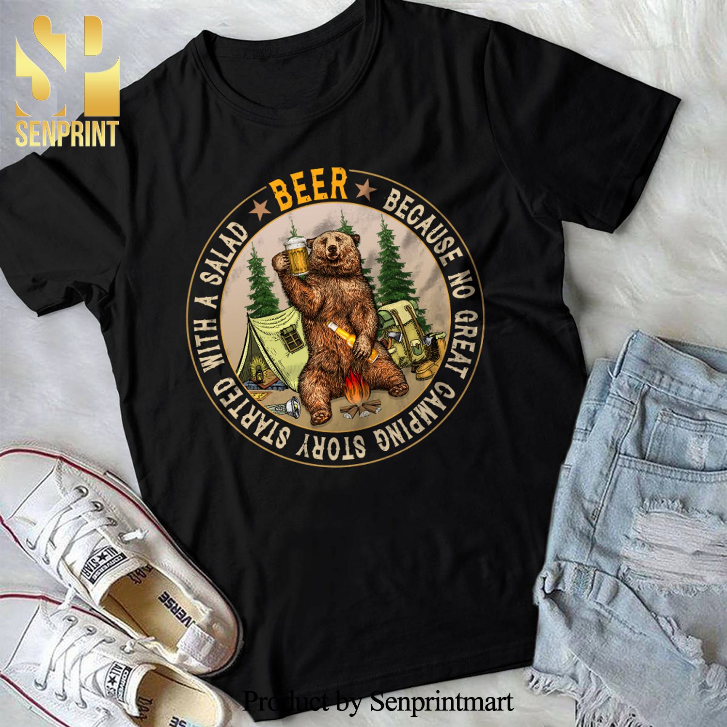 Beer Beause No Great Camping Story Started With Salad Full Printed 3D Shirt