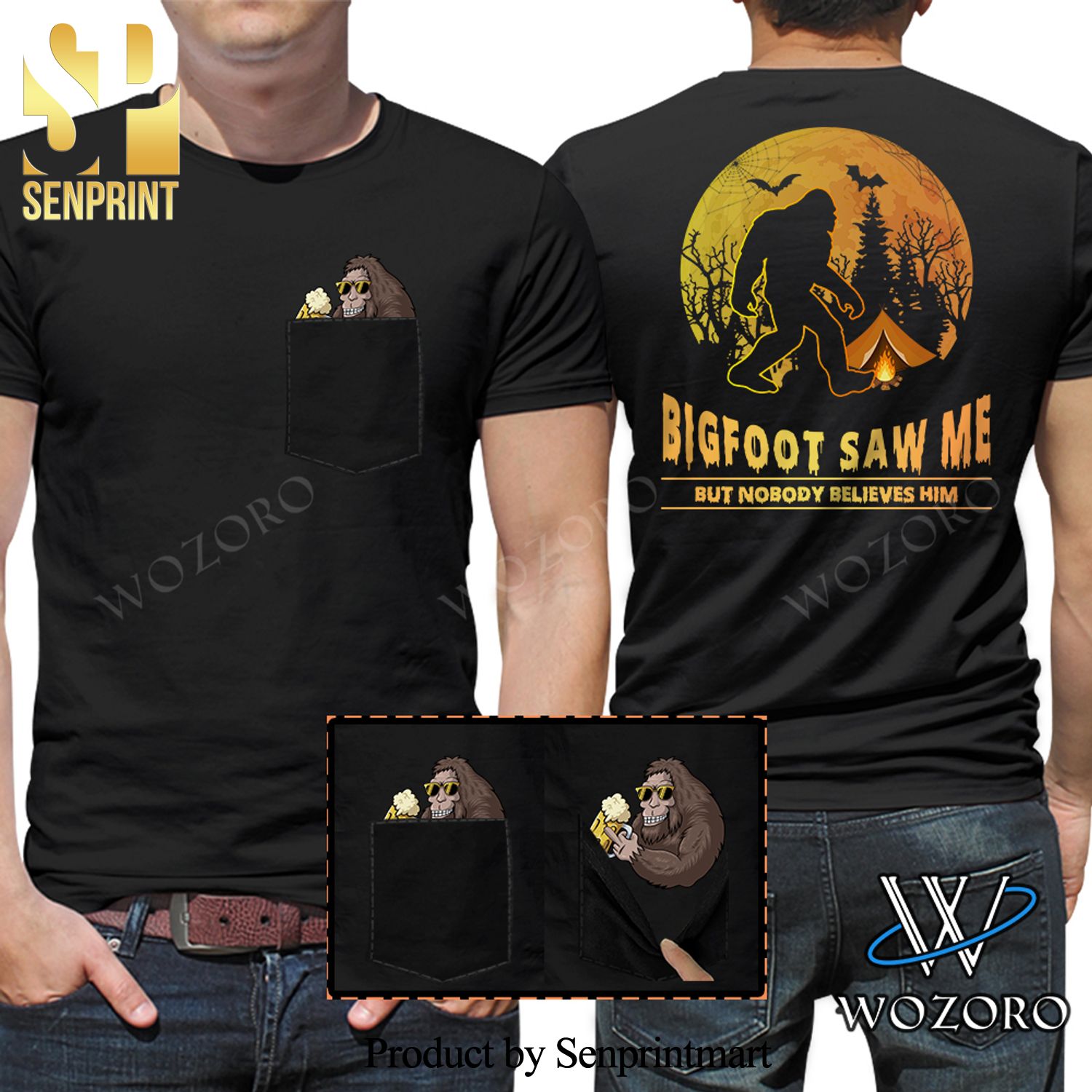 Bigfoot Middle Finger Saw Me But Nobody Believes Him Camping Pocket Full Printed 3D Shirt