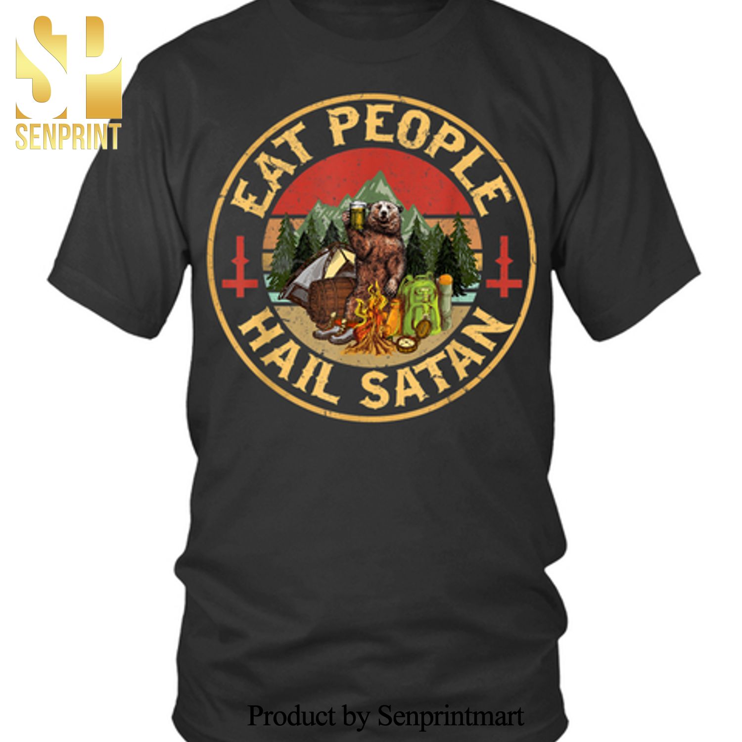 Eat People Hail Satan Bear Holding Beer Glass Camping Gift Full Printing Unisex Shirt