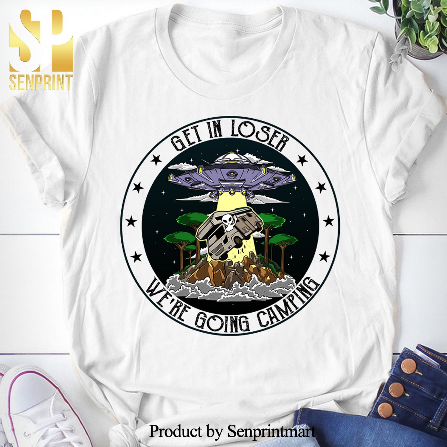 Get In Loser We’re Going Camping Alien In Car Classic All Over Print Shirt
