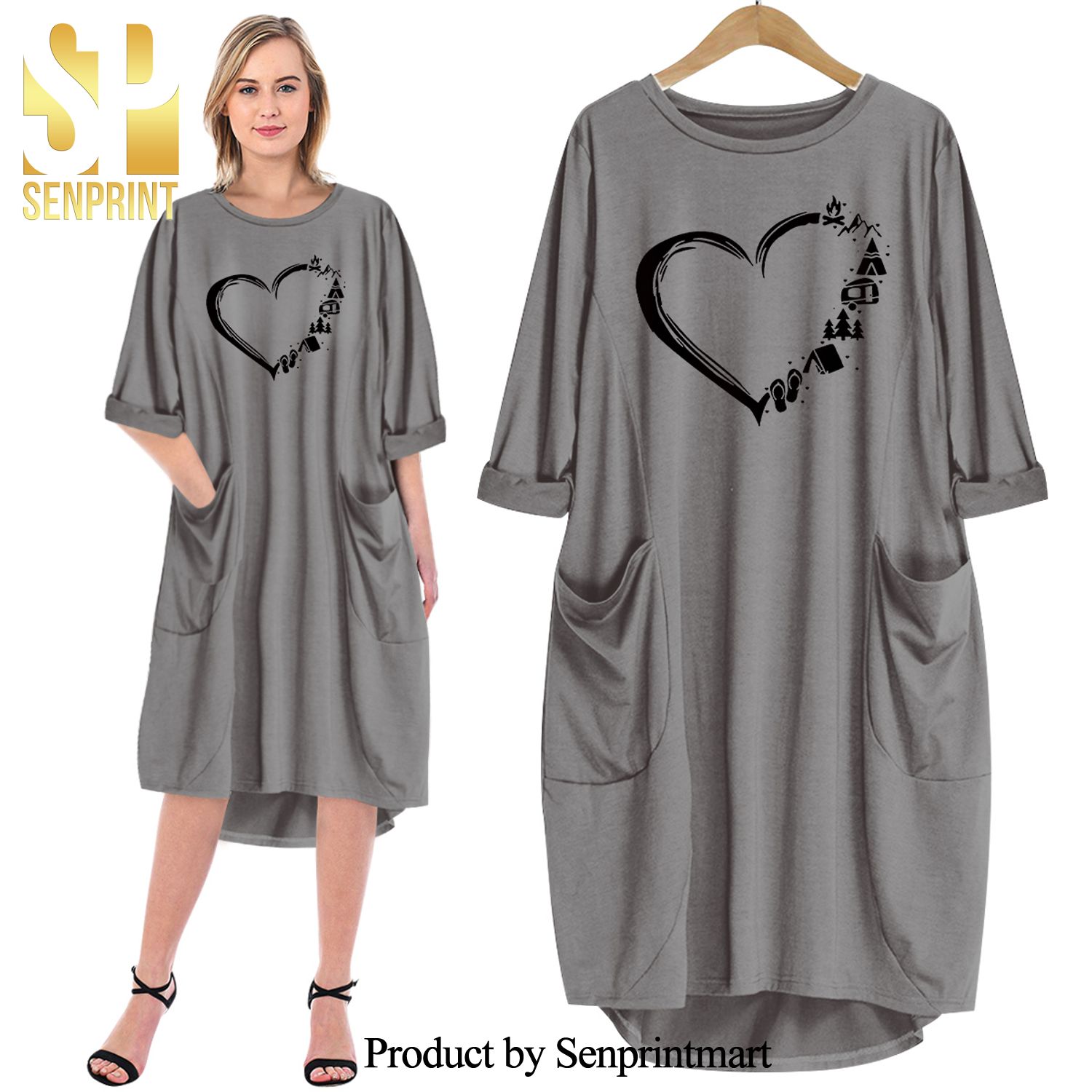 Heart Camping Long Dress With Pocket 3D Full Printed Shirt