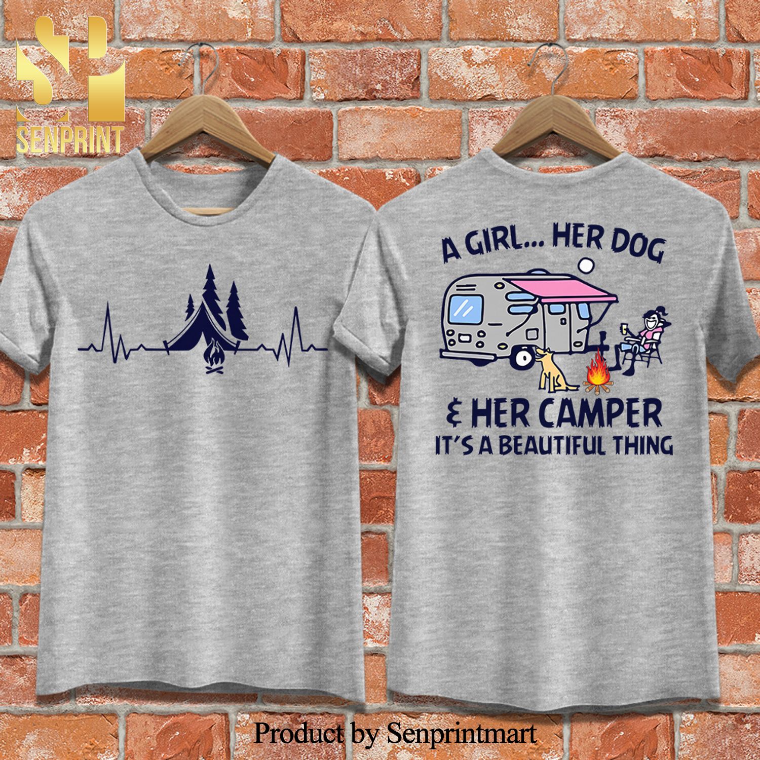Heartbeat A Girl Her Dog Her Camper It’s A Beautiful Thing Camping 3D Full Printing Shirt