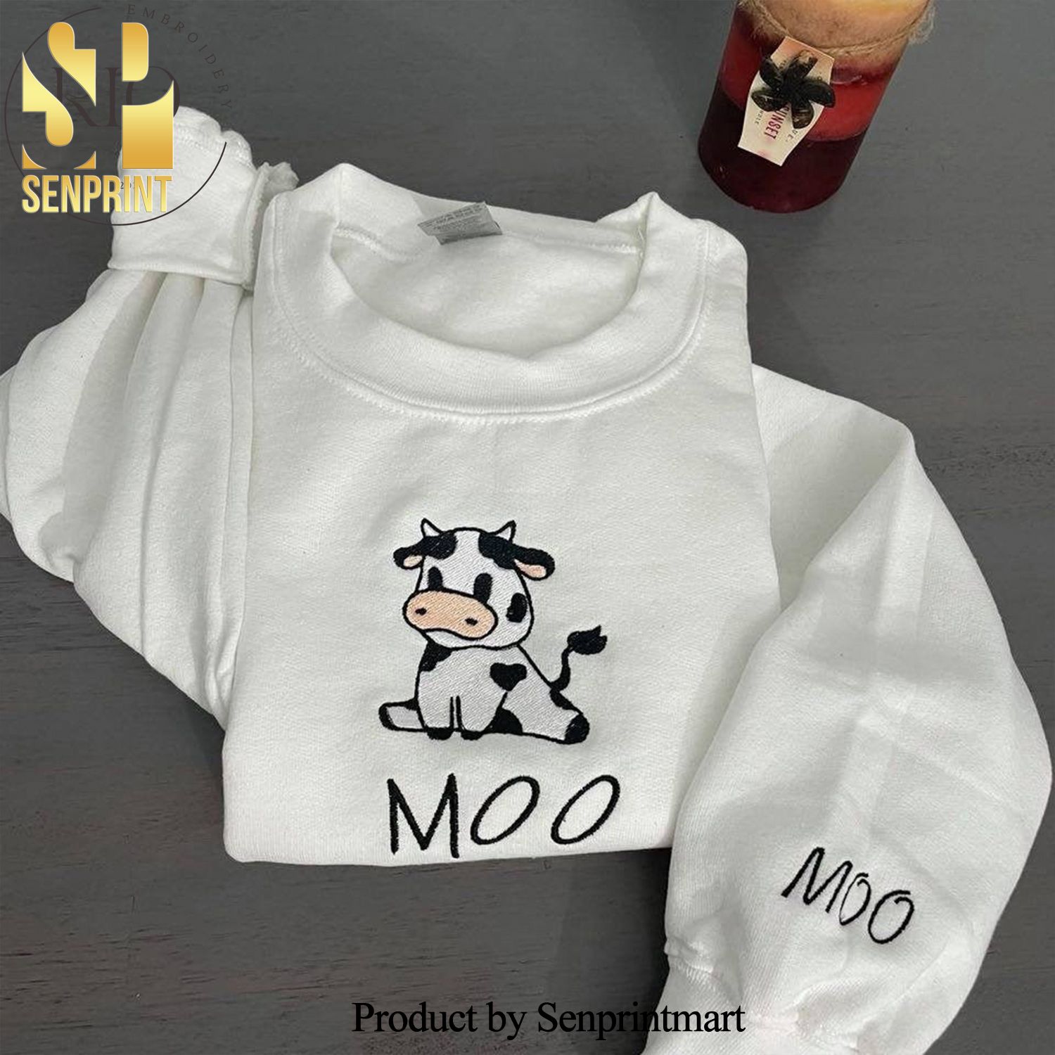 Cow Moo Embroidered Shirt Hoodie Cute Cow Embroidered Crewneck Customized Embroidered Shirt Vintage Sweatshirt Cow Embroidered