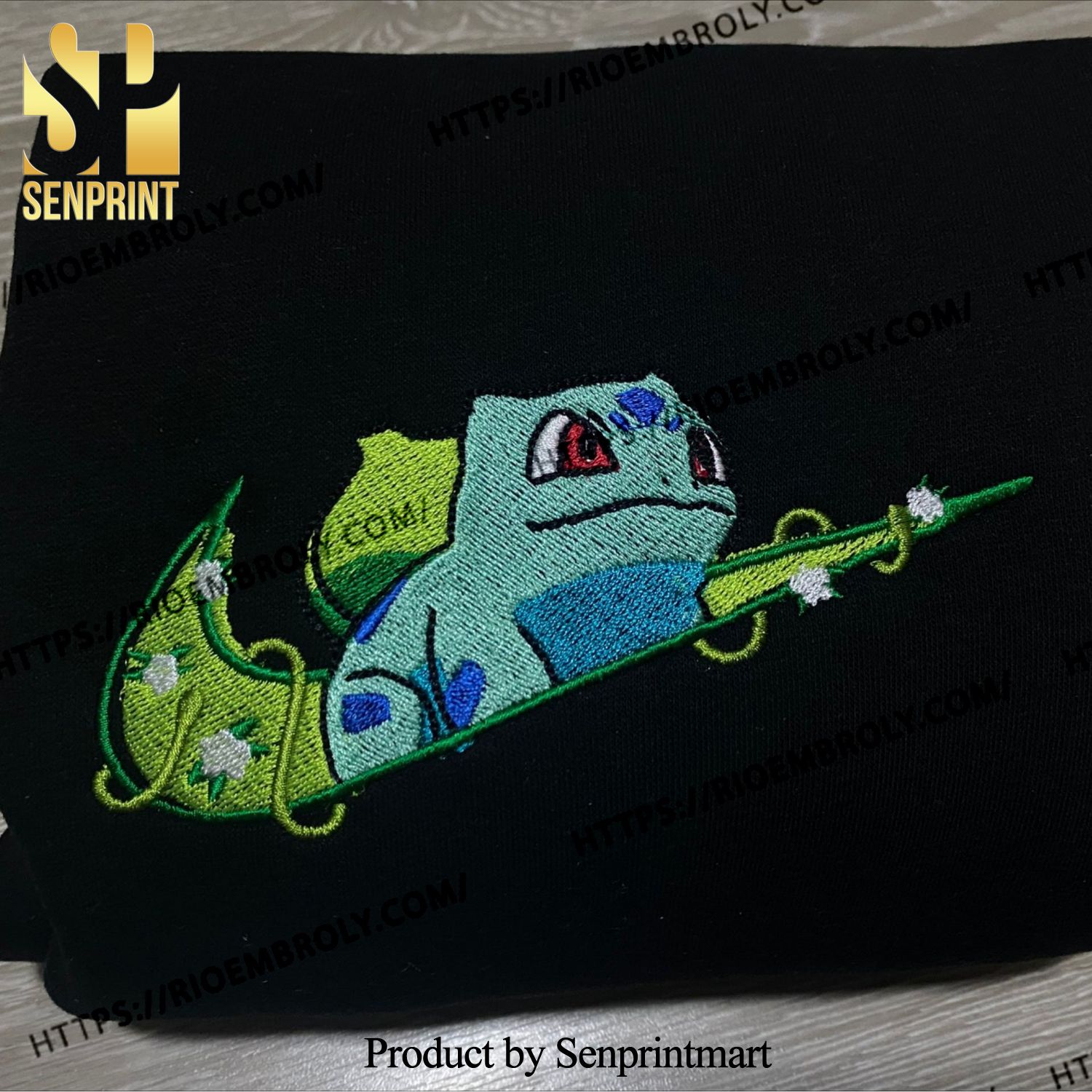 Cute Bulbasaur Swoosh Embroidery Shirt Pokemo n Anime Swoosh Embroidery Sweatshirt Custom Embroidered Shirt Best Selling