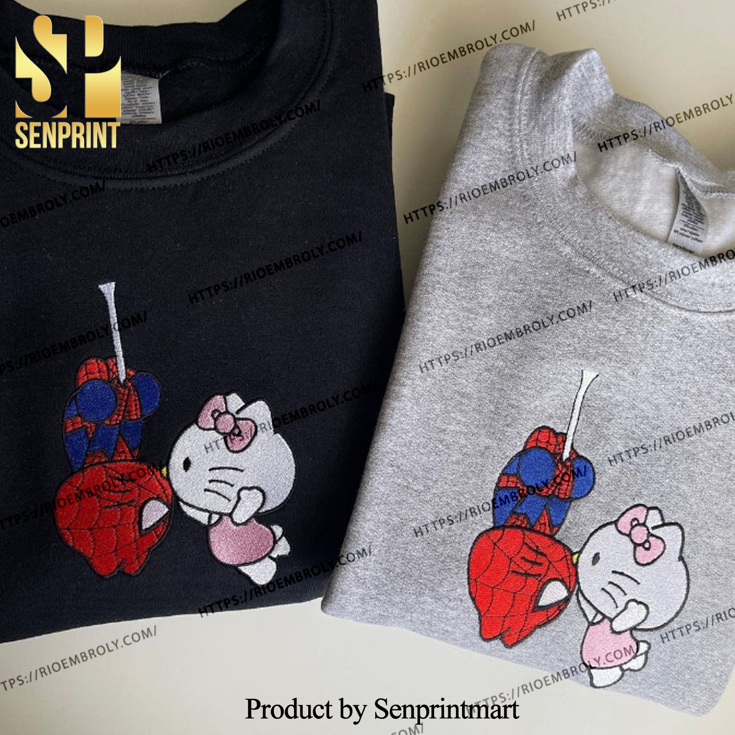 hello kitty and spiderman kisses kissing Embroidered Shirt Crewneck best seller Sweatshirt gift cute love daughter in love