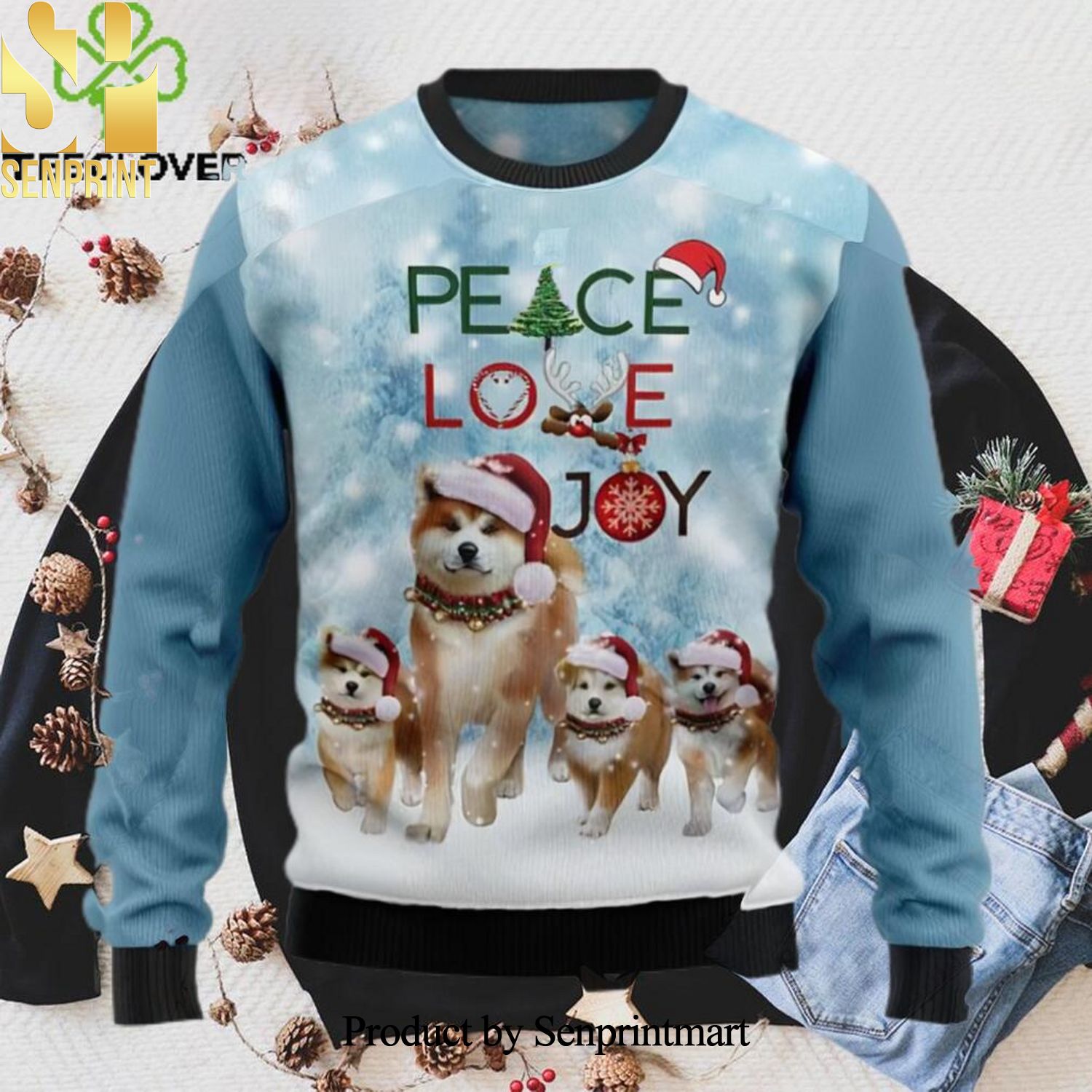 Akita Dog Peace Love Joy Ugly Christmas Wool Knitted Sweater
