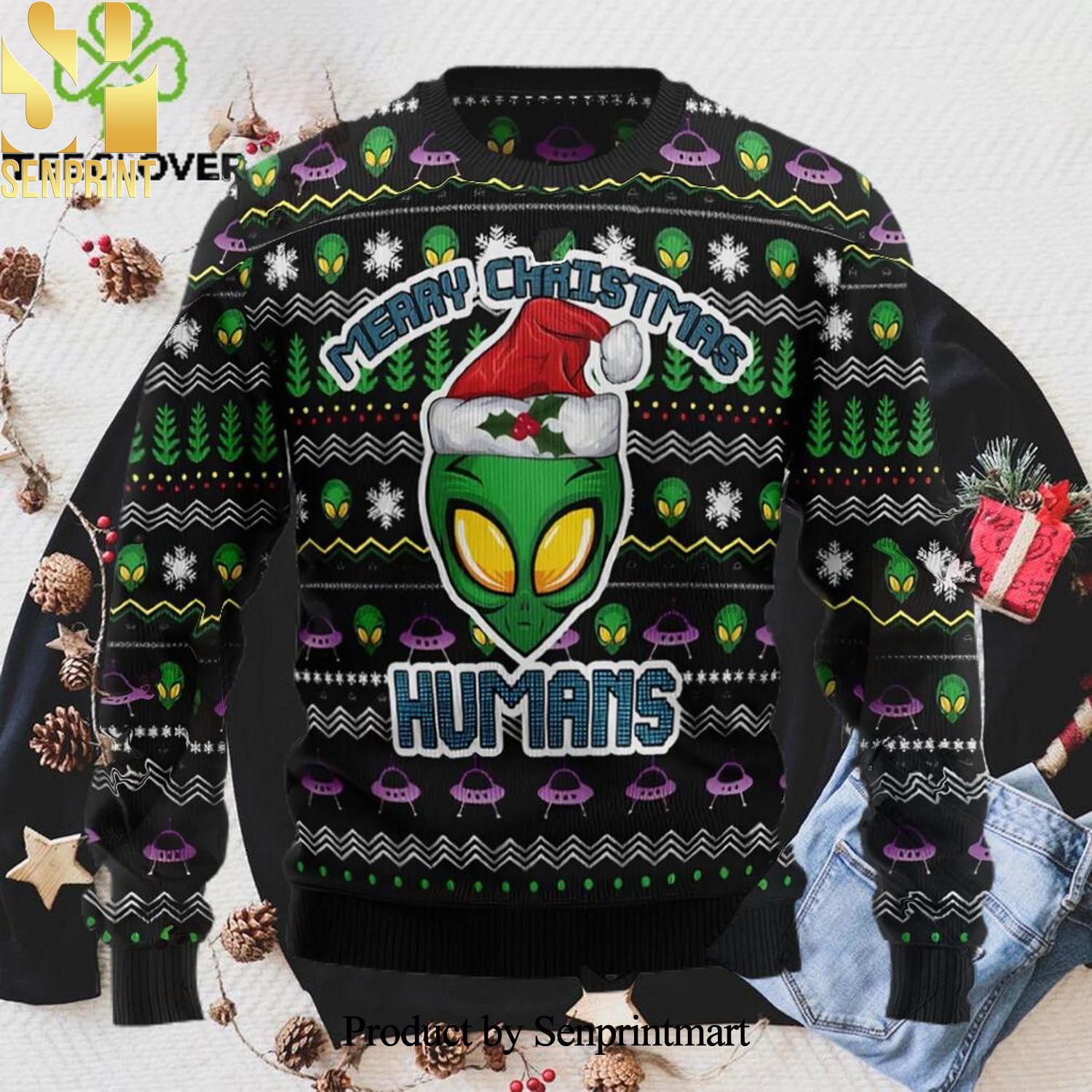 Alien Merry Christmas Humans Christmas Ugly Wool Knitted Sweater