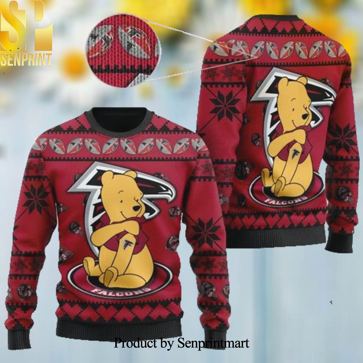 Atlanta Falcons NFL American Football Team Logo Cute Winnie The Pooh Bear Christmas Wool Knitted 3D Sweater
