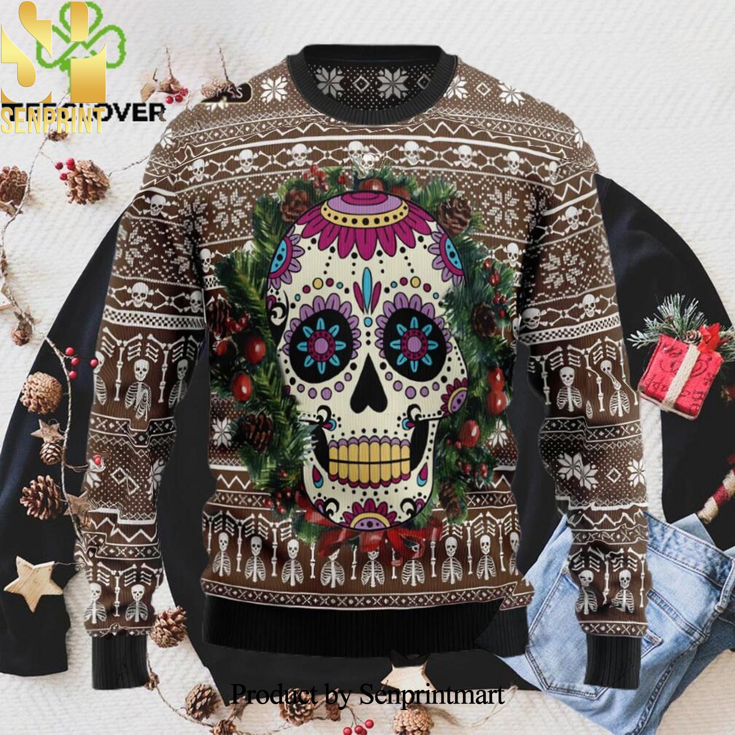 Awesome Sugar Skull Xmas Ugly Christmas Holiday Sweater