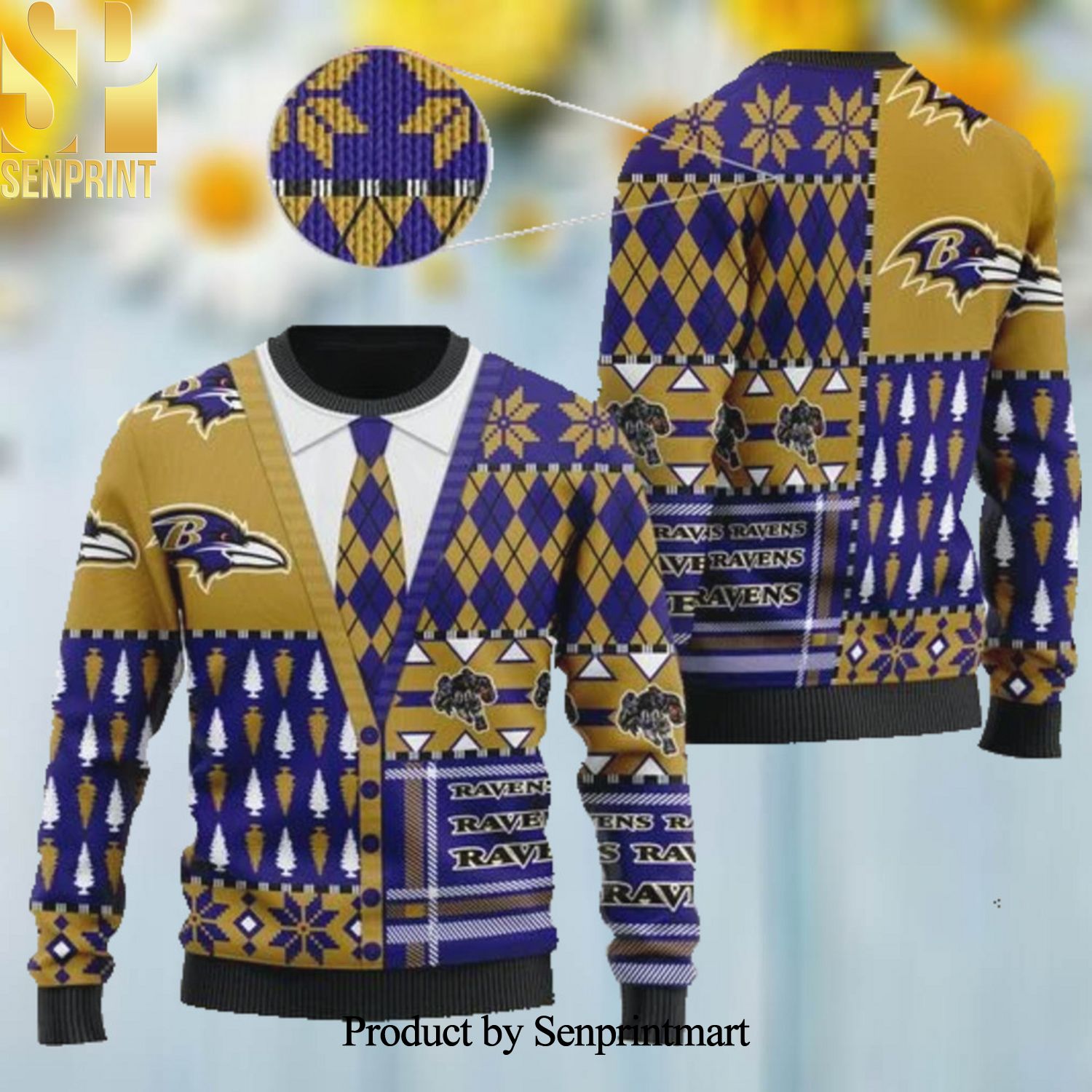 Baltimore Ravens NFL American Football Team Cardigan Style 3D Printed Ugly Christmas Sweater