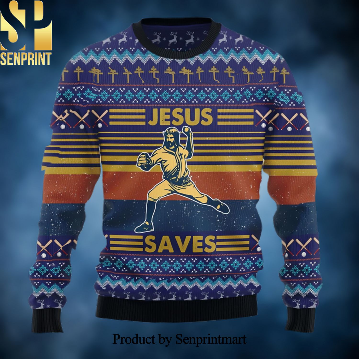 Baseball Jesus Save Christmas Ugly Wool Knitted Sweater