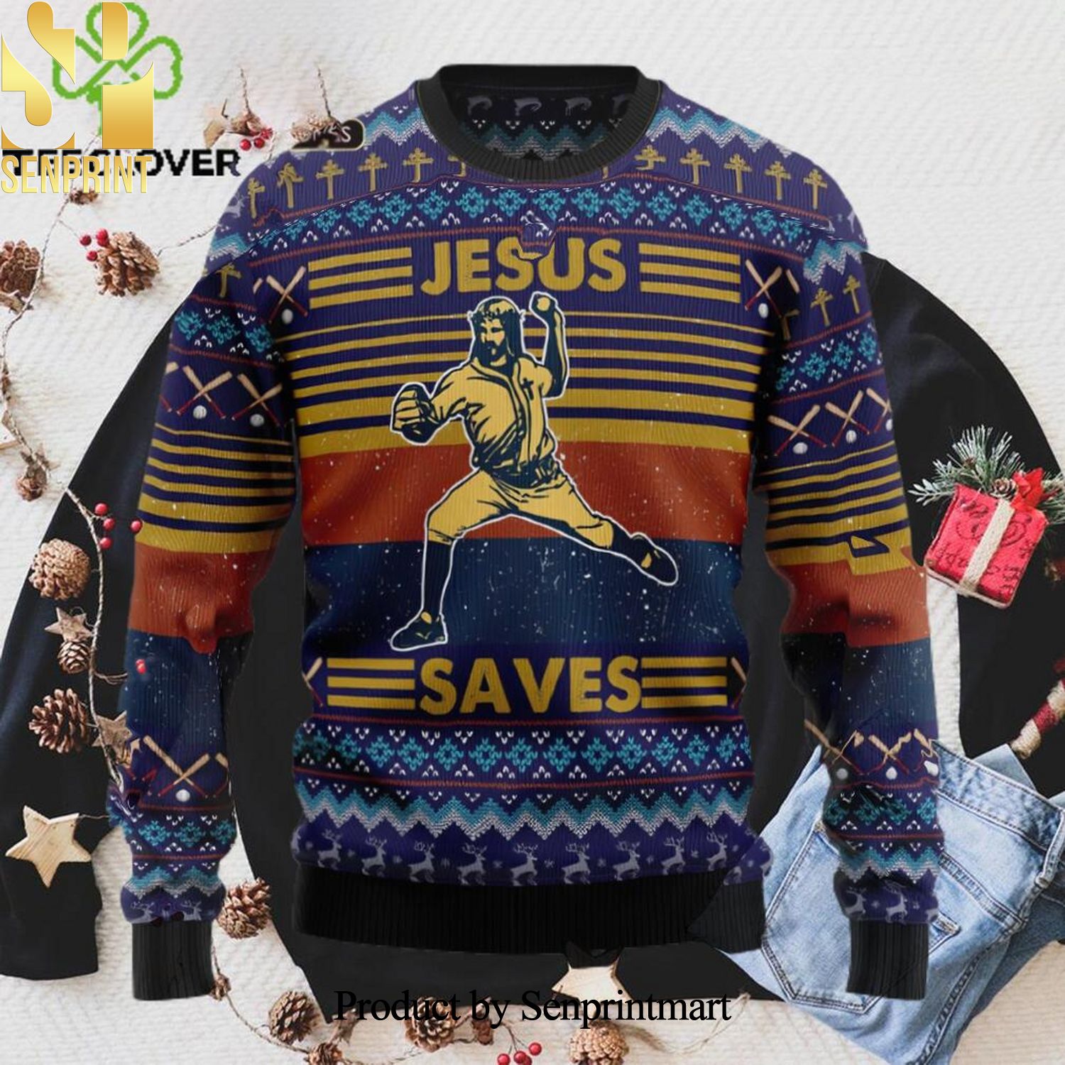 Baseball Jesus Save Xmas Christmas Ugly Wool Knitted Sweater