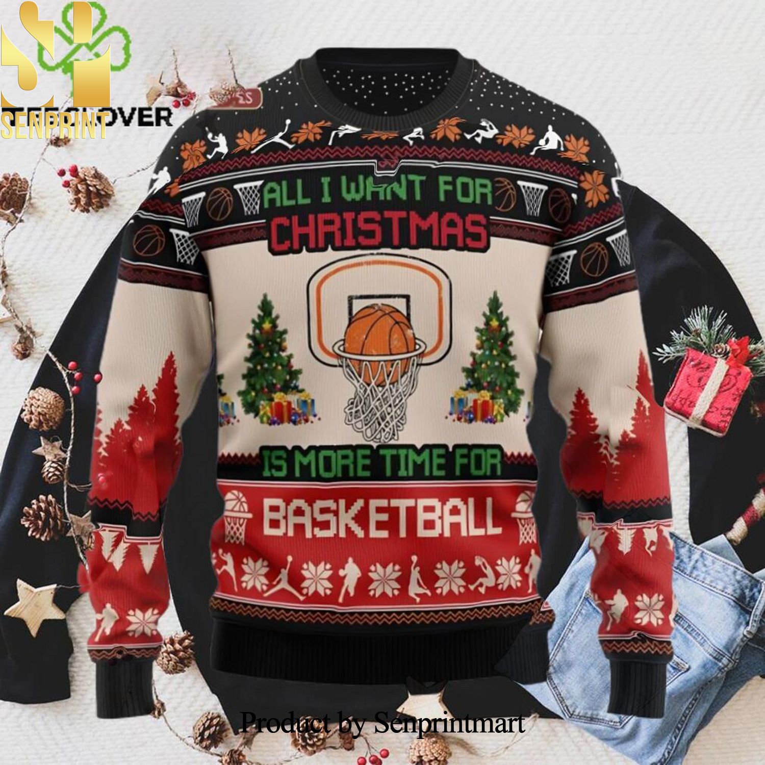 Basketball All I Want For Christmas Is More Time For Basketball 3D Printed Ugly Christmas Sweater