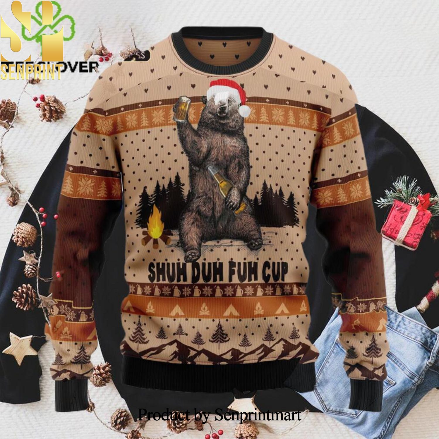 Bear Camping Christmas Shuh Duh Fuh Cup Xmas Ugly Xmas Wool Knitted Sweater