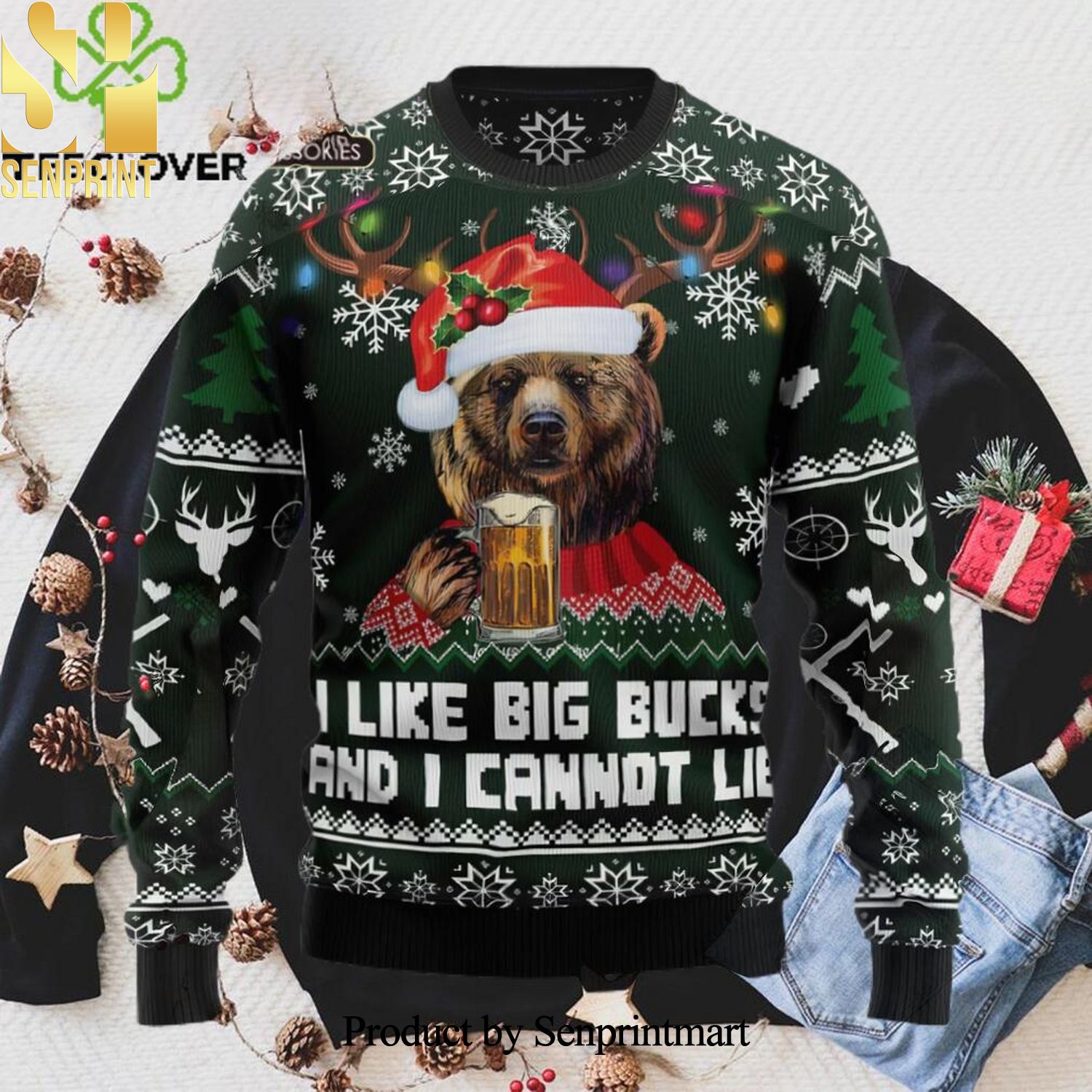 Bear Hunting and Beer Christmas Xmas Christmas Wool Knitted 3D Sweater