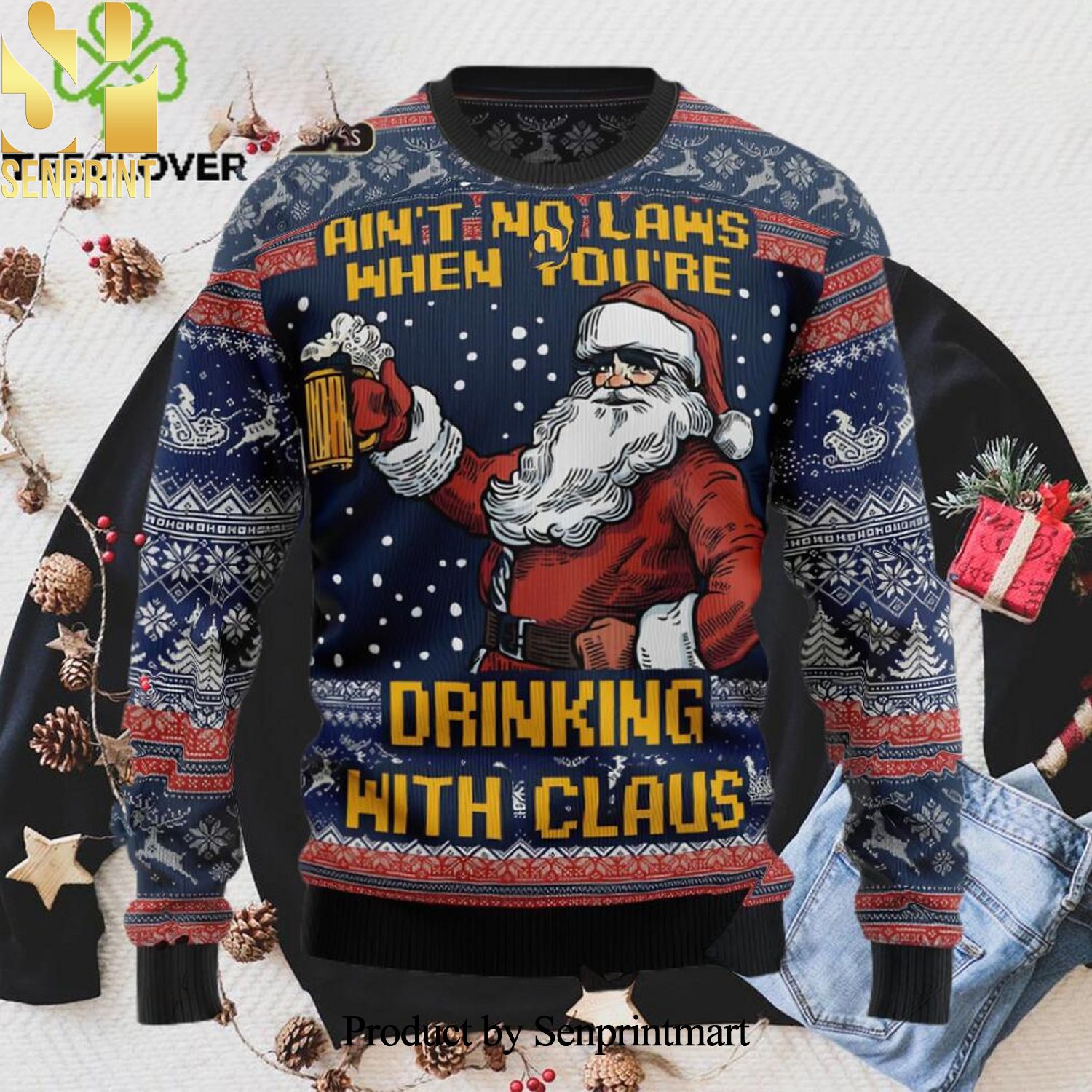 Beer Lover Ain’t No Laws When You’re Drinking With Claus Ugly Xmas Wool Knitted Sweater