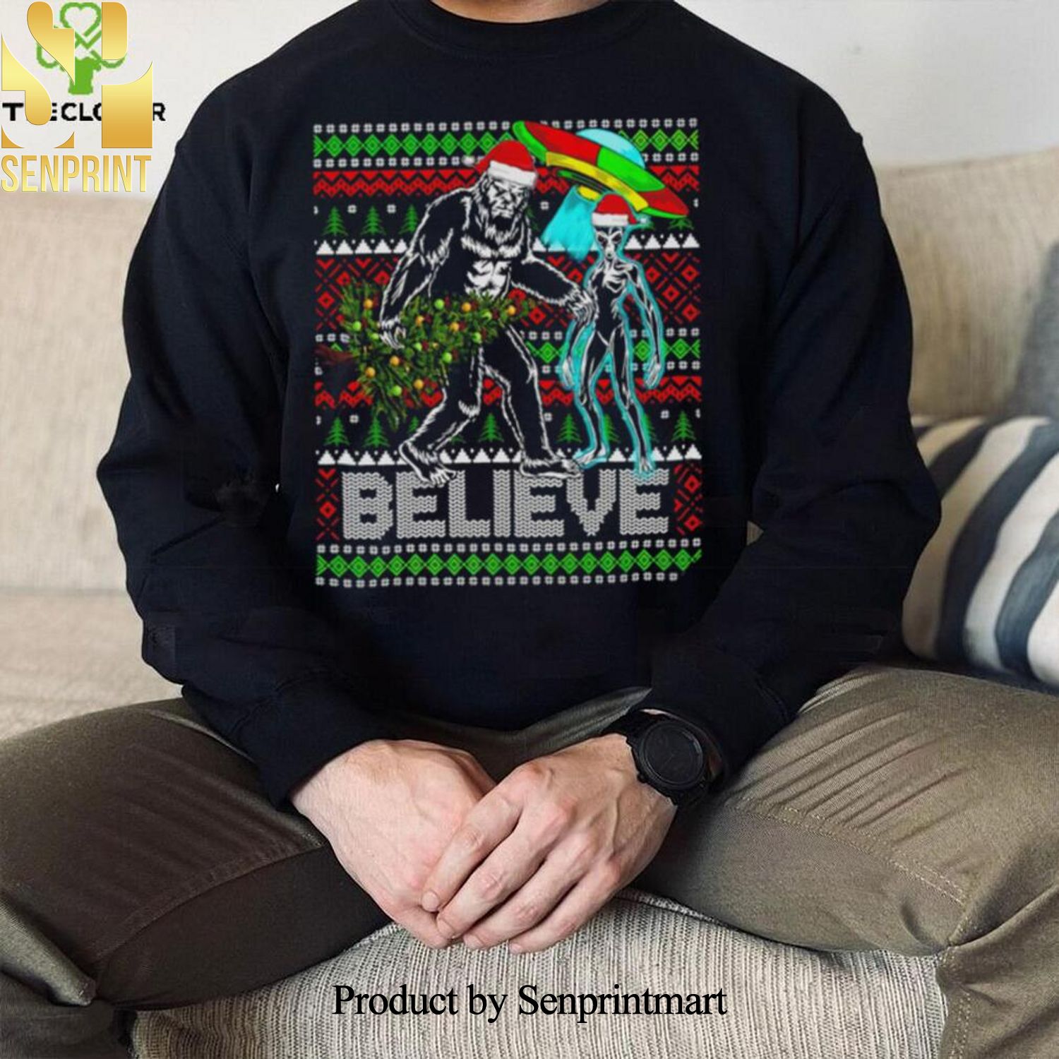 Bigfoot UFO Alien Believe Christmas ugly shirt Ugly Christmas Sweater