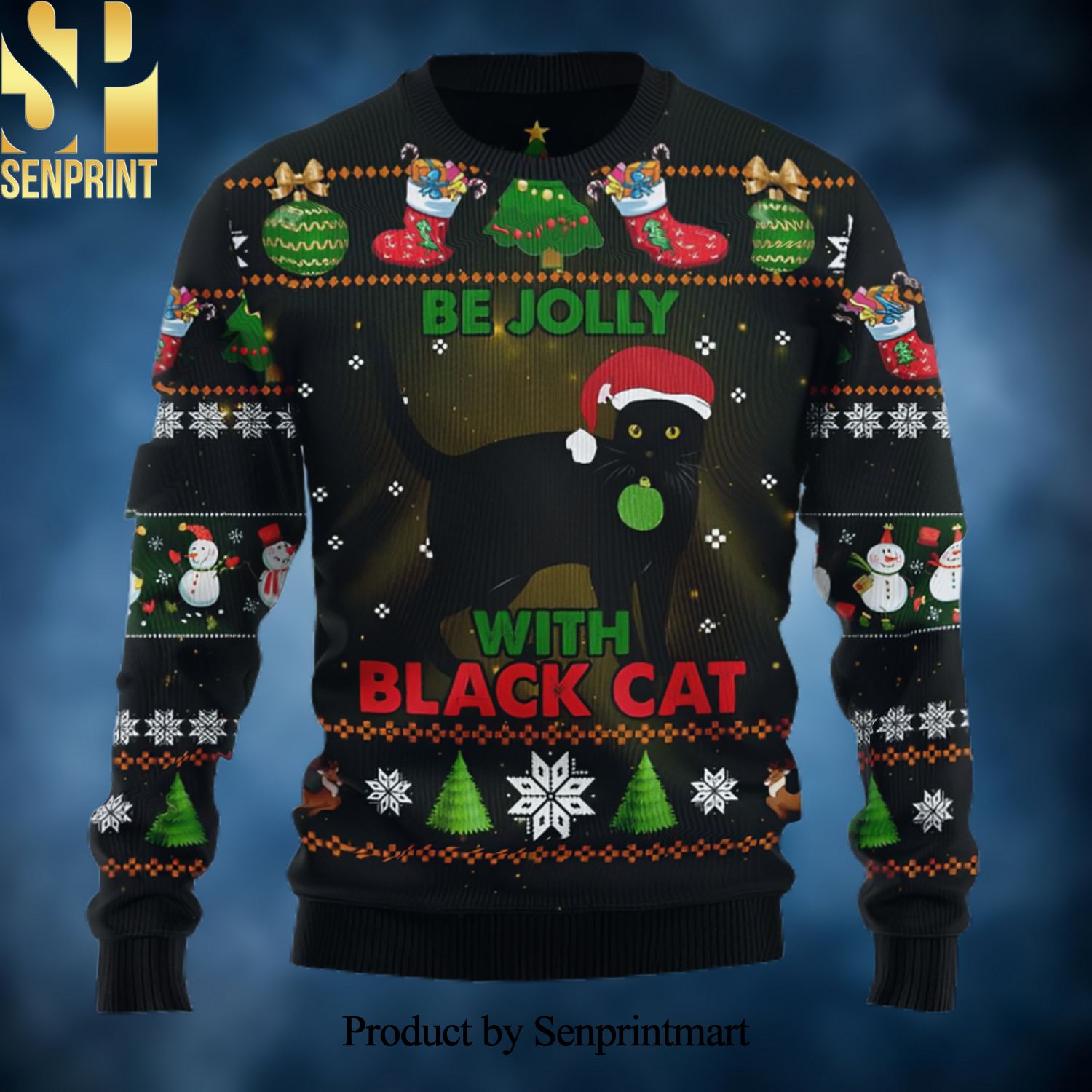 Black Cat Be Jolly Ugly Xmas Wool Knitted Sweater