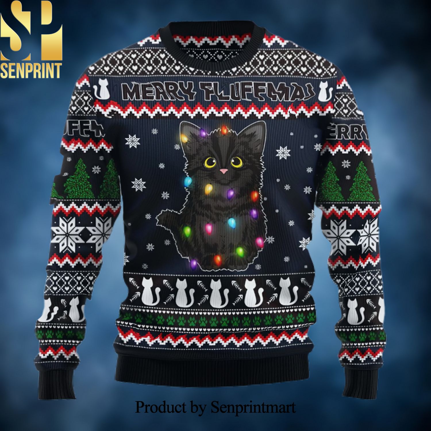 Black Cat Fluffmas Ugly Christmas Holiday Sweater