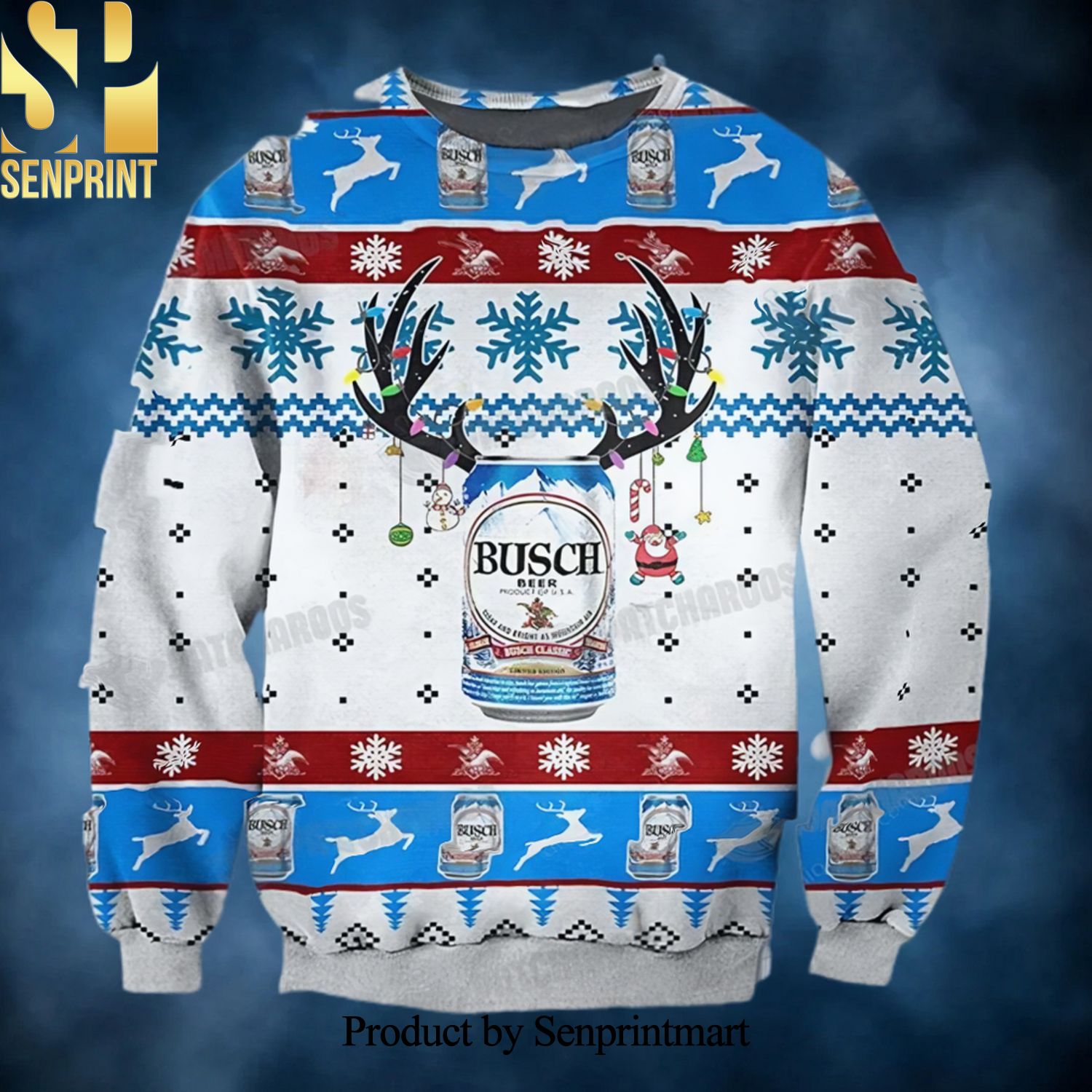 Busch Beer Deer Horns Gift For Beer Lovers Ugly Christmas Wool Knitted Sweater