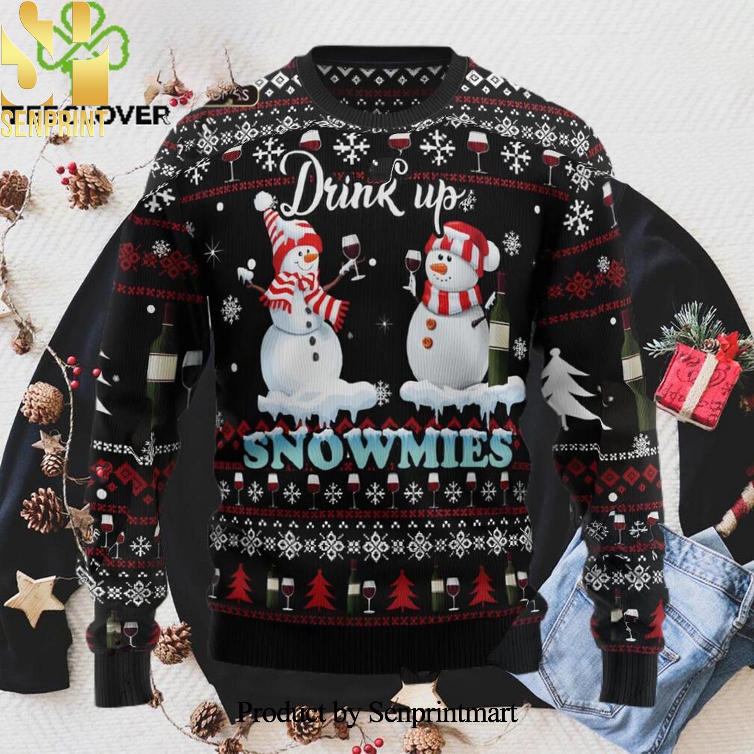 Drink up Wine Snowmies Xmas Ugly Christmas Holiday Sweater