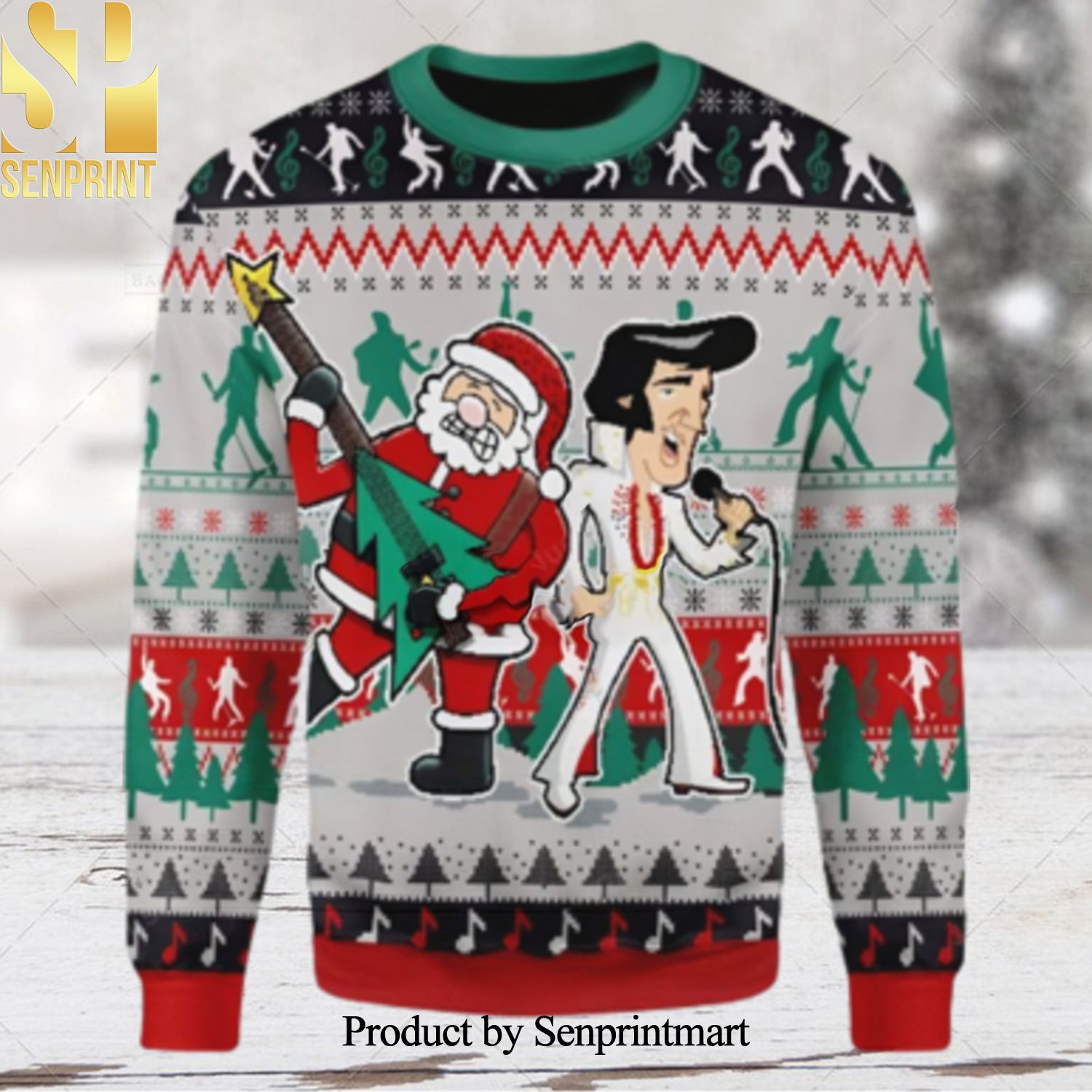 Elvis Presley With Santa Claus Team Up Chirstmas Christmas Ugly Wool Knitted Sweater