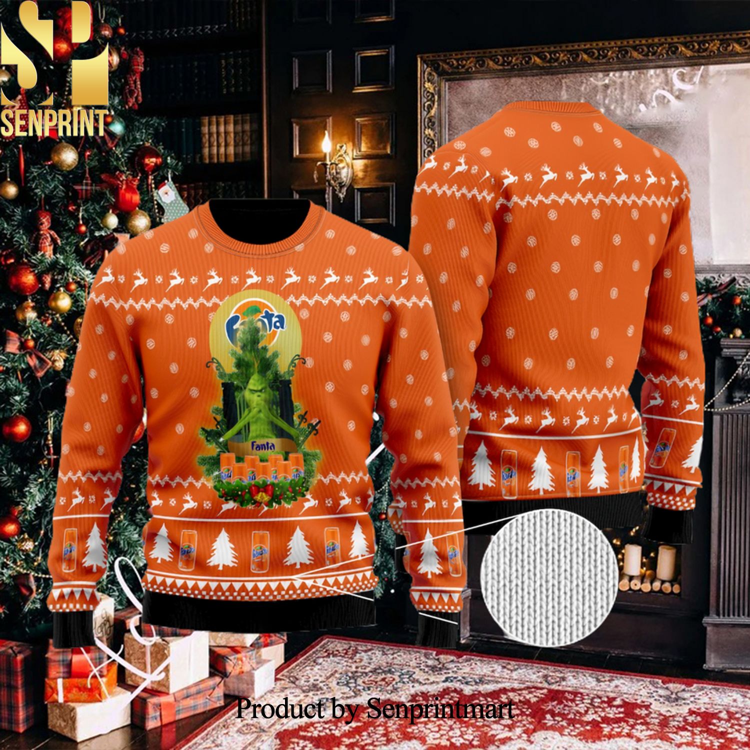 Fanta Grinch Snow Christmas Wool Knitted 3D Sweater