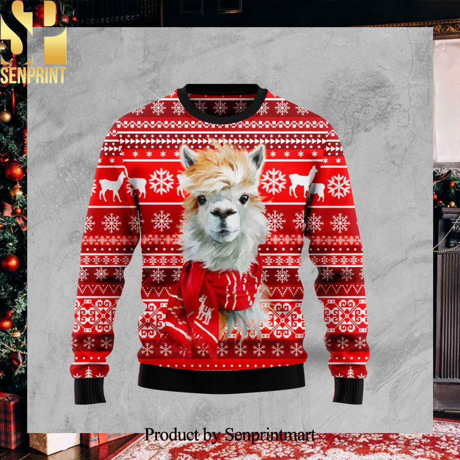 Festive Llama Xmas Christmas Ugly Xmas Wool Knitted Sweater