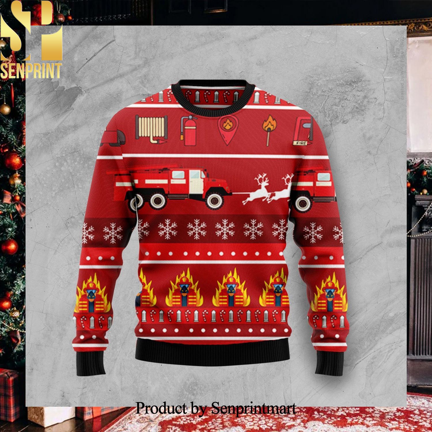 Firefighter Christmas Wool Knitted 3D Sweater