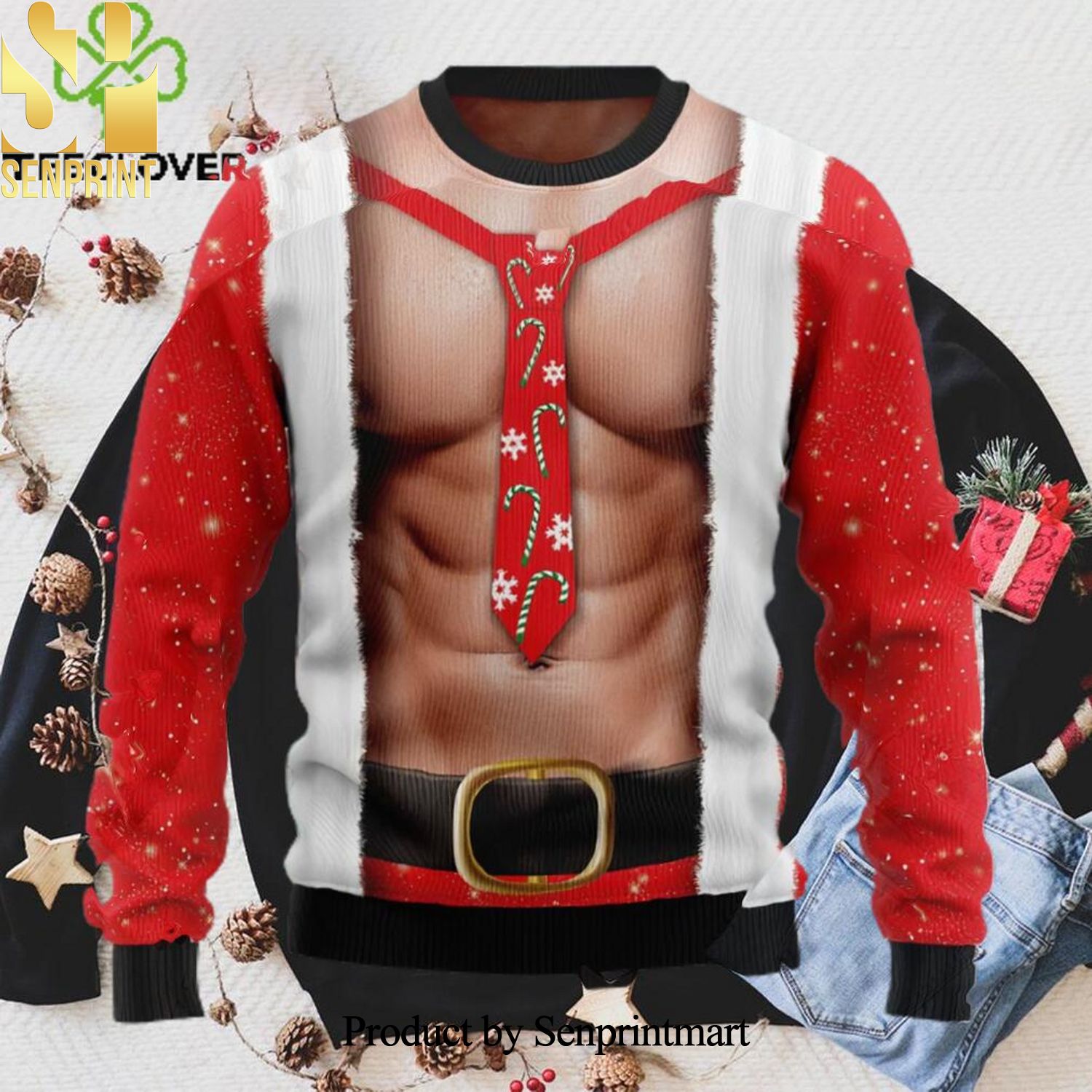 Funny Six Pack Muscle Ugly Christmas Holiday Sweater
