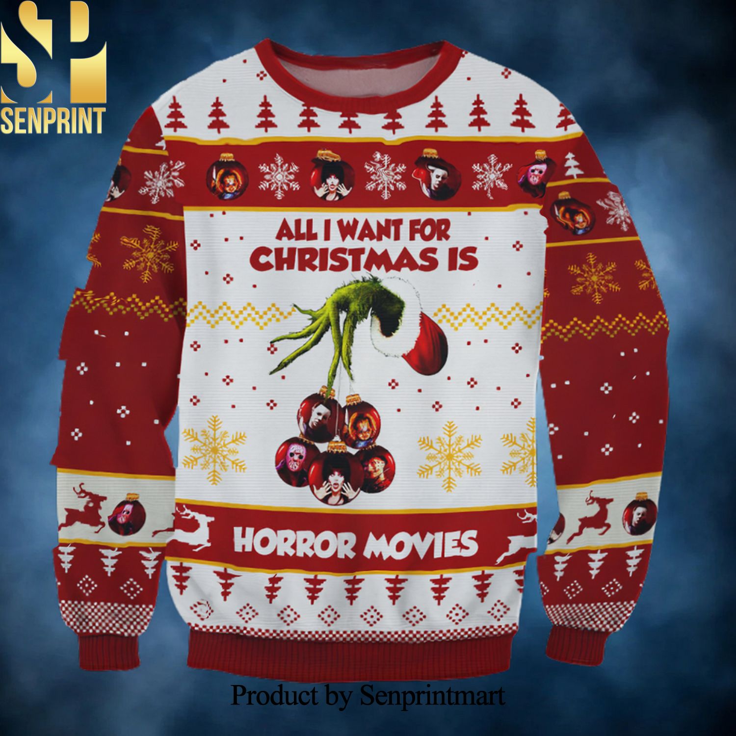 Grinch All I Want For Christmas Is Horror Movies Ugly Christmas Wool Knitted Sweater
