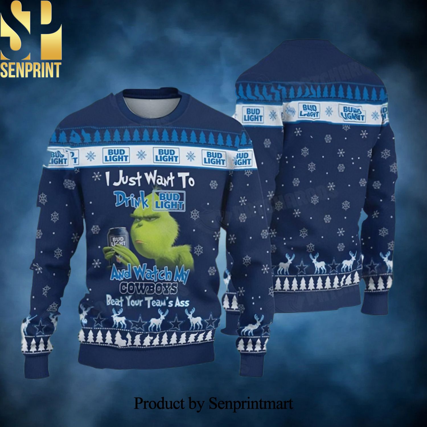 Grinch Drink Bud Light And Watch My Cowboys Funny gift Ugly Christmas Sweater