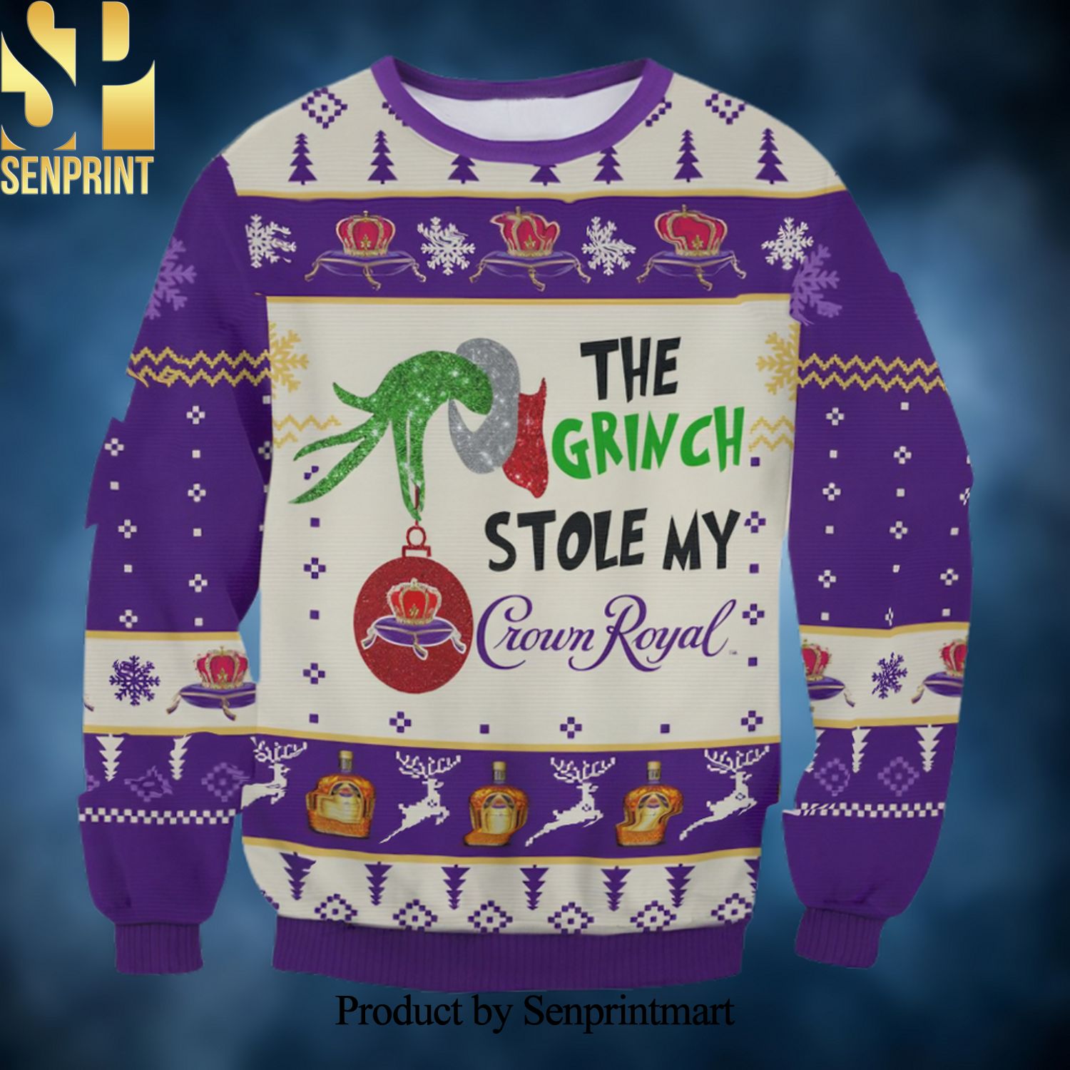 Grinch Stole Crown Royal Ugly Christmas Holiday Sweater