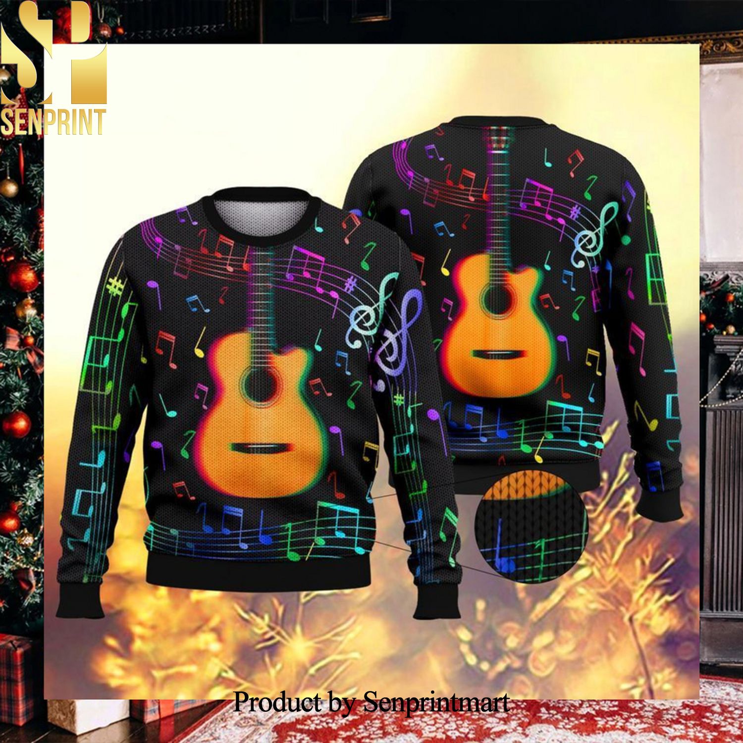 Guitar Colorful Music Symbols LV Ugly Christmas Holiday Sweater