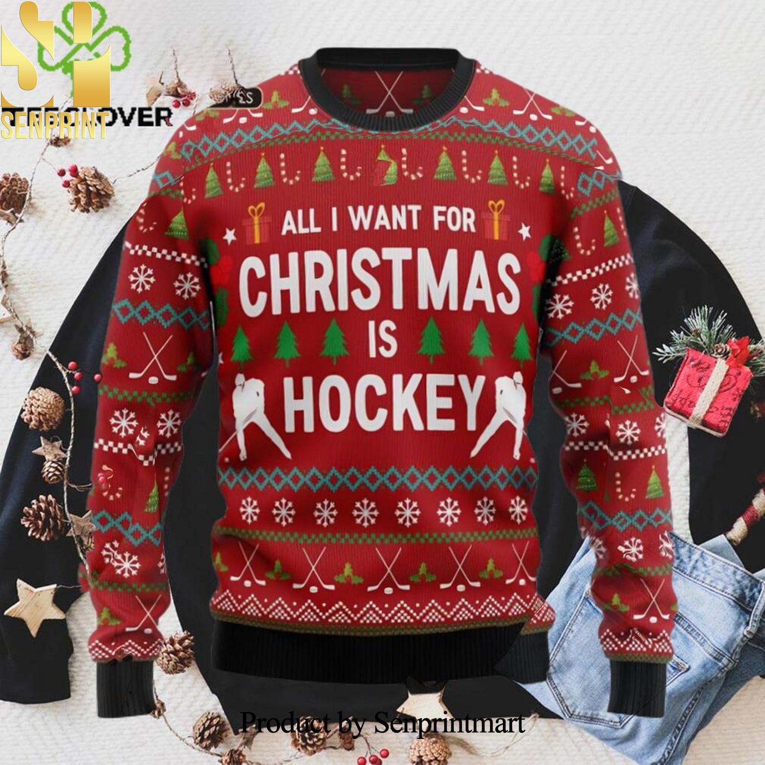 Hockey All I Want For Christmas Is Hockey Ugly Xmas Wool Knitted Sweater
