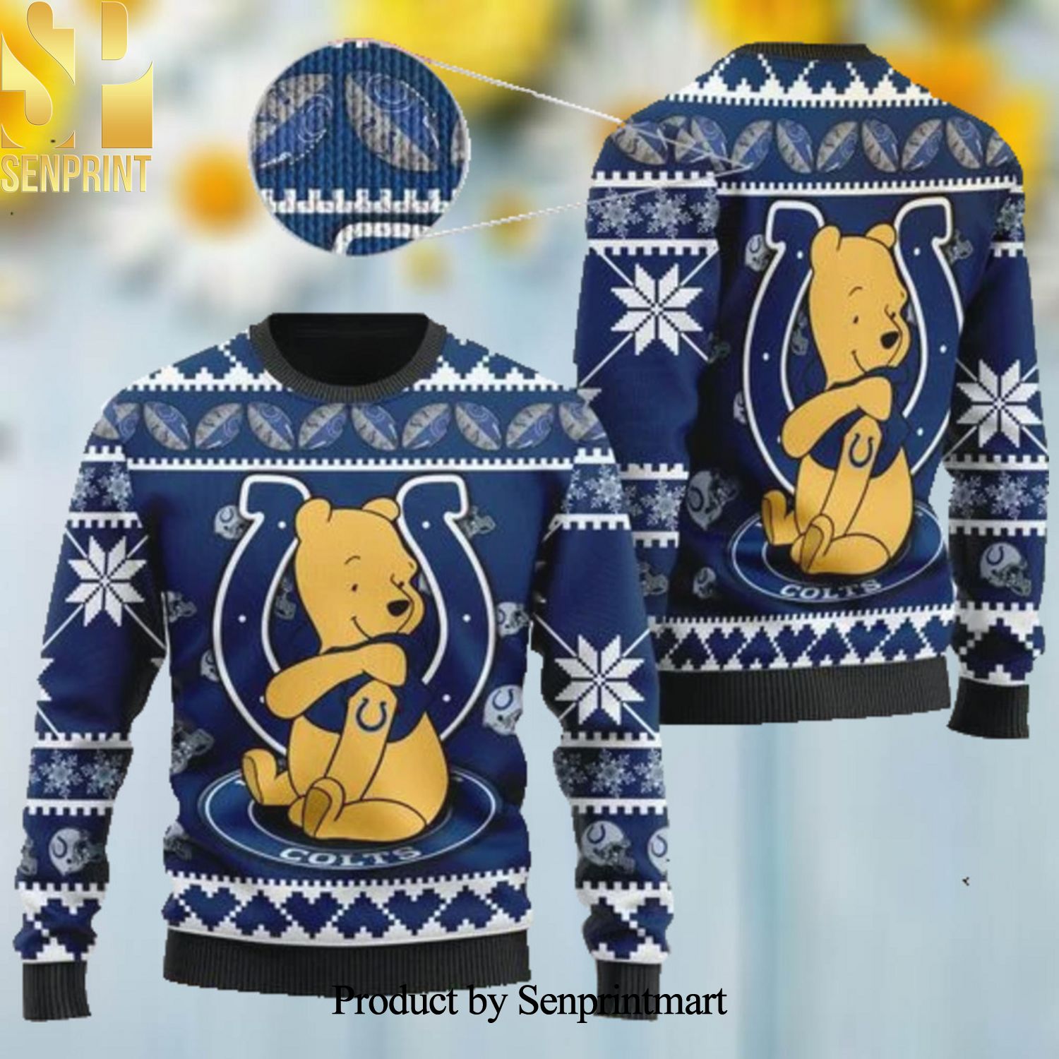 Indianapolis Colts NFL American Football Team Logo Cute Winnie The Pooh Bear Ugly Xmas Wool Knitted Sweater