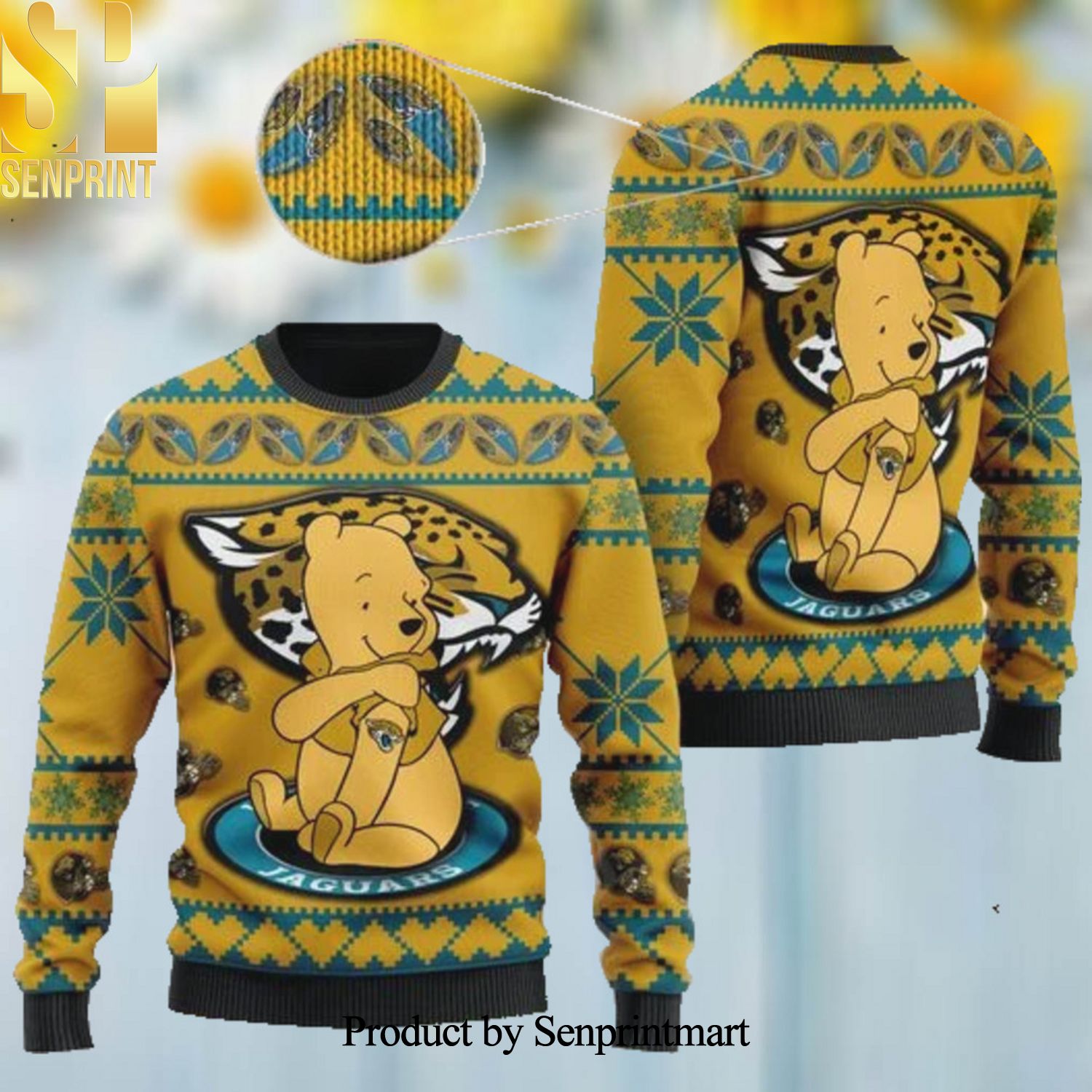 Jacksonville Jaguars NFL American Football Team Logo Cute Winnie The Pooh Bear 3D Printed Ugly Christmas Sweater