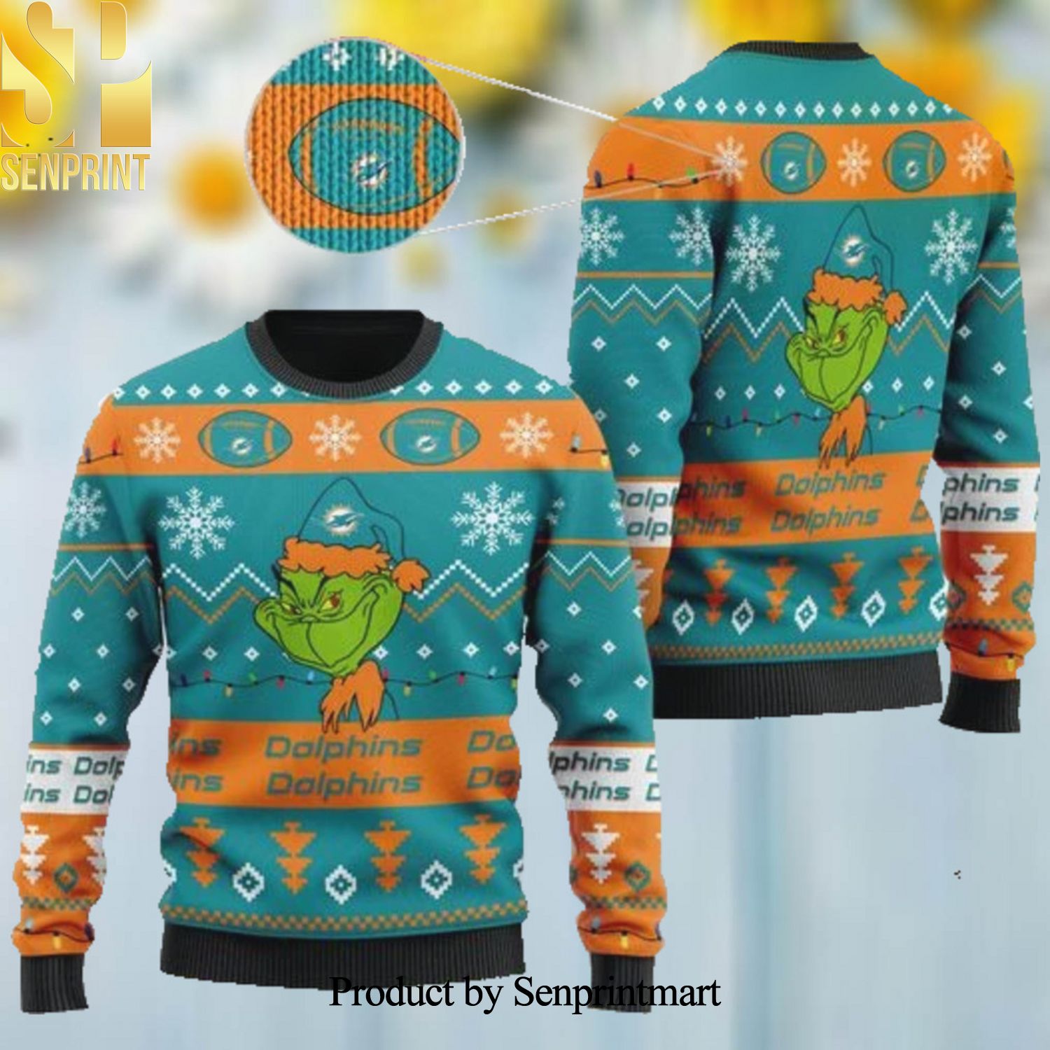Miami Dolphins American NFL Football Team Logo Cute Grinch Christmas Ugly Wool Knitted Sweater