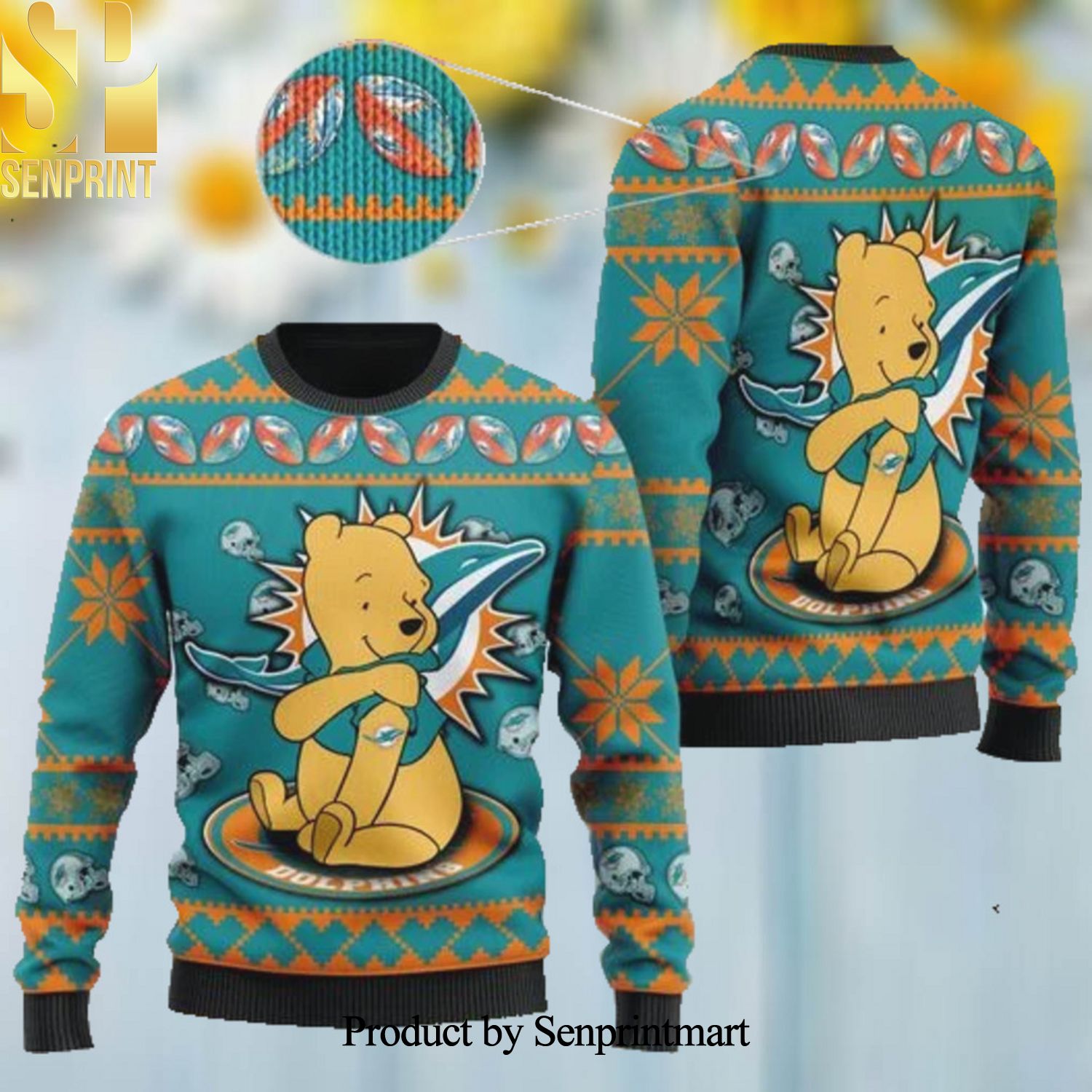Miami Dolphins NFL American Football Team Logo Cute Winnie The Pooh Bear Christmas Wool Knitted 3D Sweater