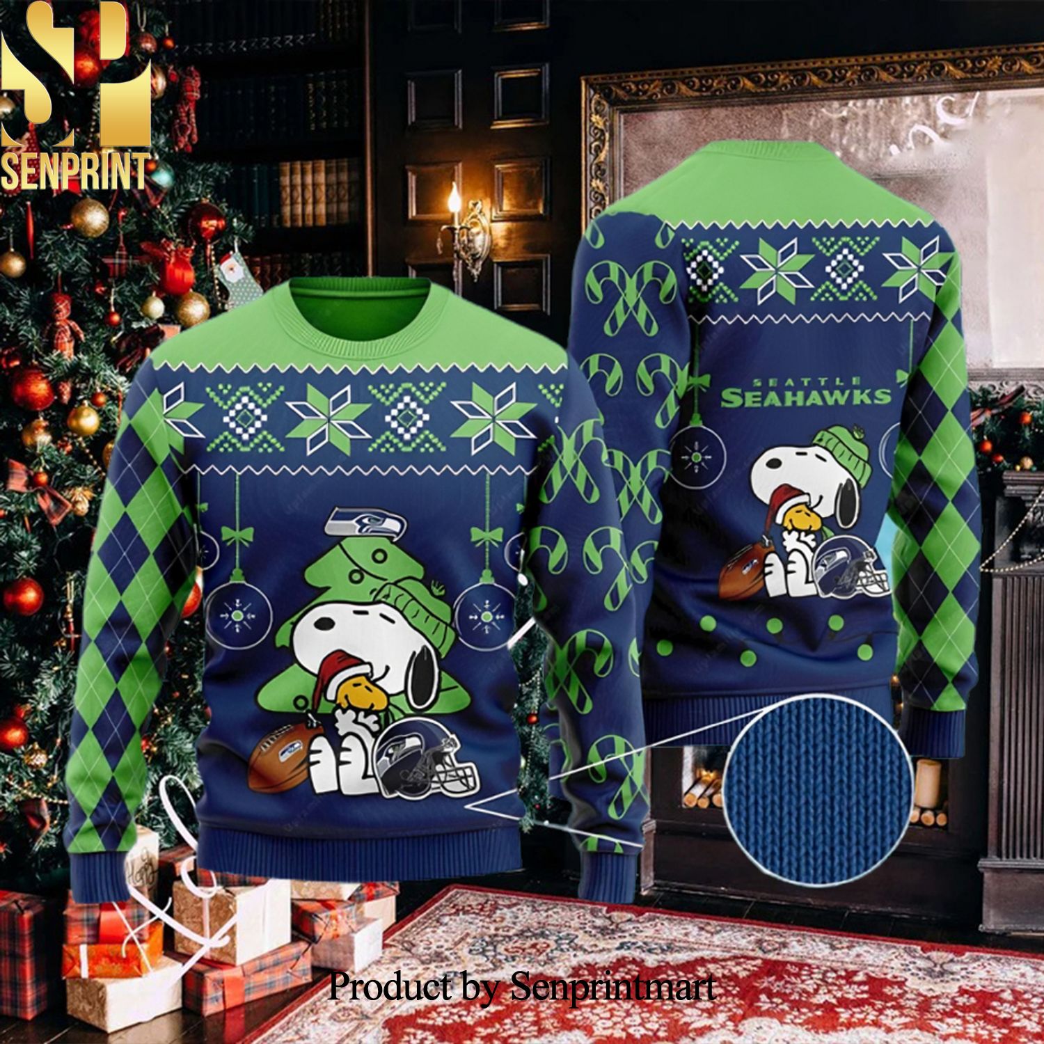 Charlie Brown Snoopy Ugly Seattle Seahawks Ugly Christmas Wool Knitted Sweater
