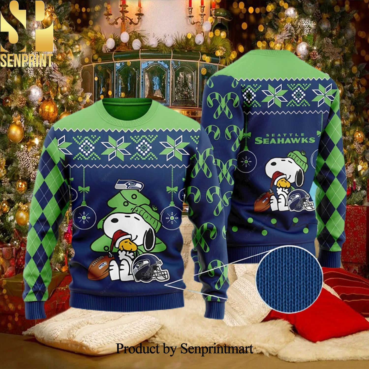 Charlie Brown Snoopy Ugly Seattle Seahawks Ugly Christmas Wool Knitted  Sweater