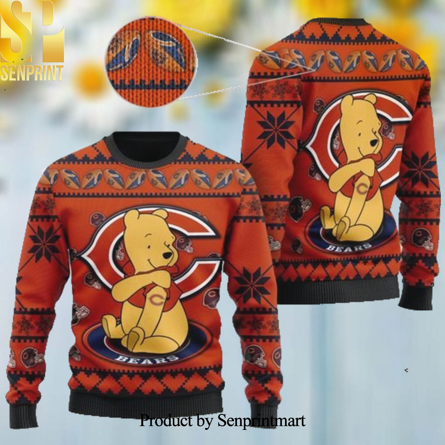 Chicago Bears NFL American Football Team Logo Cute Winnie The Pooh Bear 3D Printed Ugly Christmas Sweater
